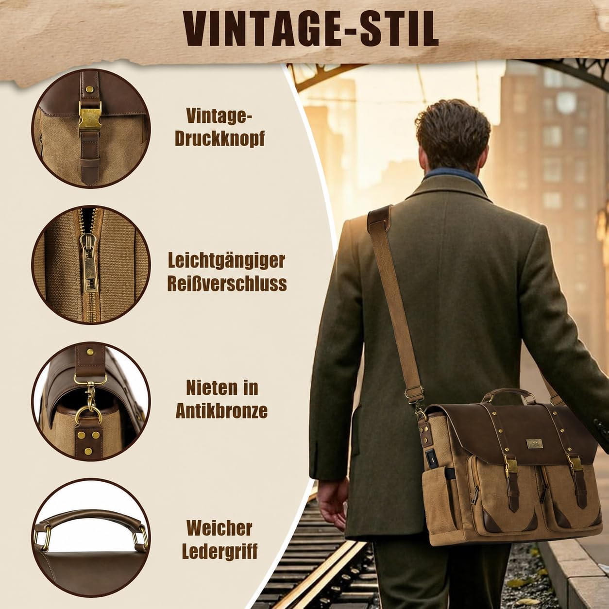 MATEIN Vintage Aktentasche Herren Leder Messenger Bag Laptoptasche 15.6 Zoll USB-Ladeanschluss RFID-Schutzfach Braun