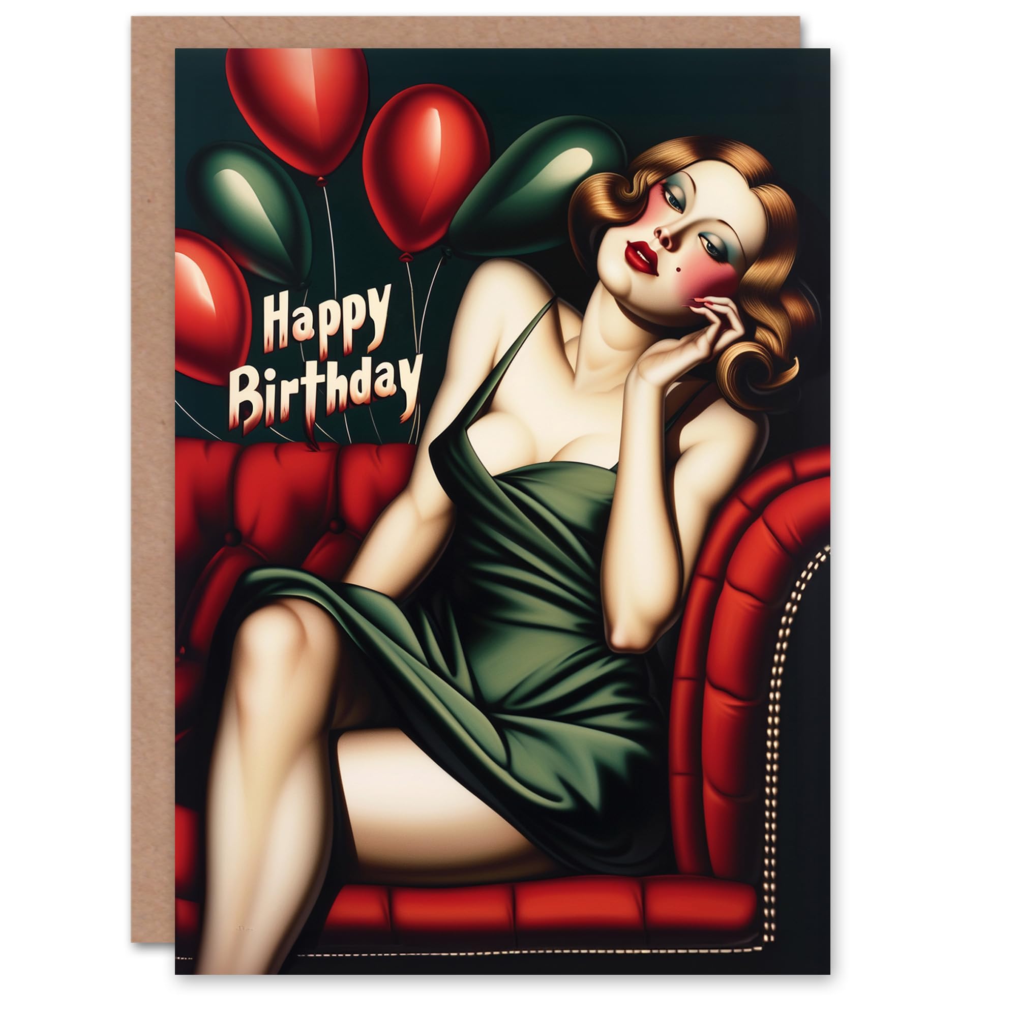 Artery8 Birthday Card Sexy 1930s Lady Balloons Sultry Vintage For Him Man Male Dad Brother Son Papa Grandad Greeting Card