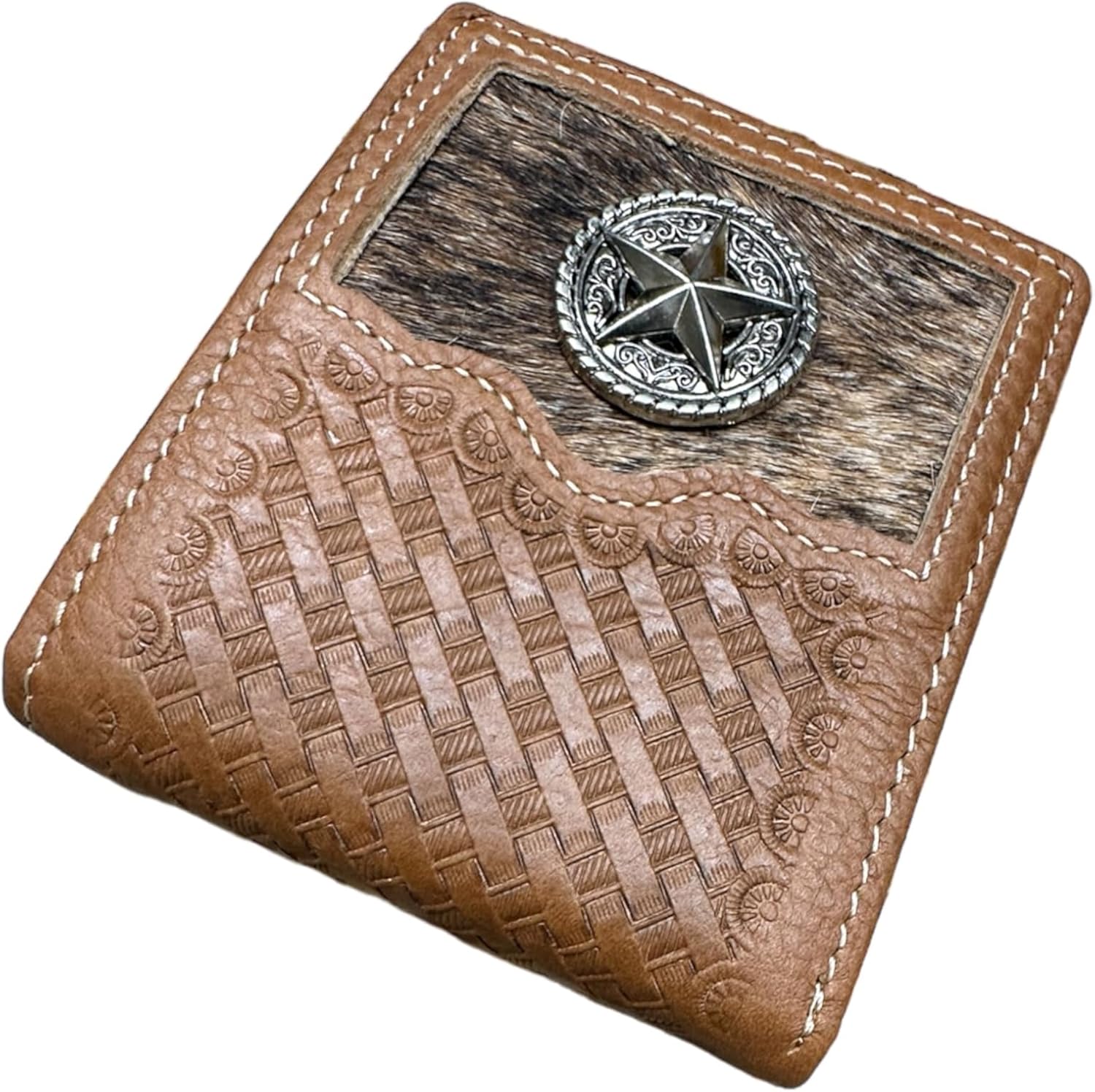 Men’s Short Leather Wallet – Hair-On Cowhide Bifold with Lone Star Concho and Basketweave Tooled Leather – Western Cowboy Wallet for Ranchers & Texas Gift Ideas
