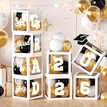2026 Graduation Party Decorations, 4Pcs White Boxes with 30Pcs Black White Gold Latex Balloons with Letters "2026 GRAD So Proud of You" for High School College Graduation Party Decorations White