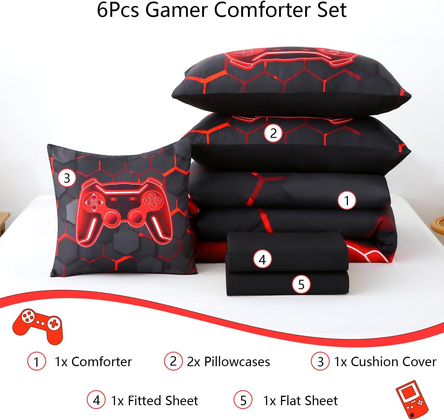6 Pieces Kids Gaming Bedding Set Black and Red Twin Comforter Set for Boys 3D Video Game Teen Boy Bed in A Bag Honeycomb Gamer Comforter and Sheet Set (Black Red, Twin) - Image 3