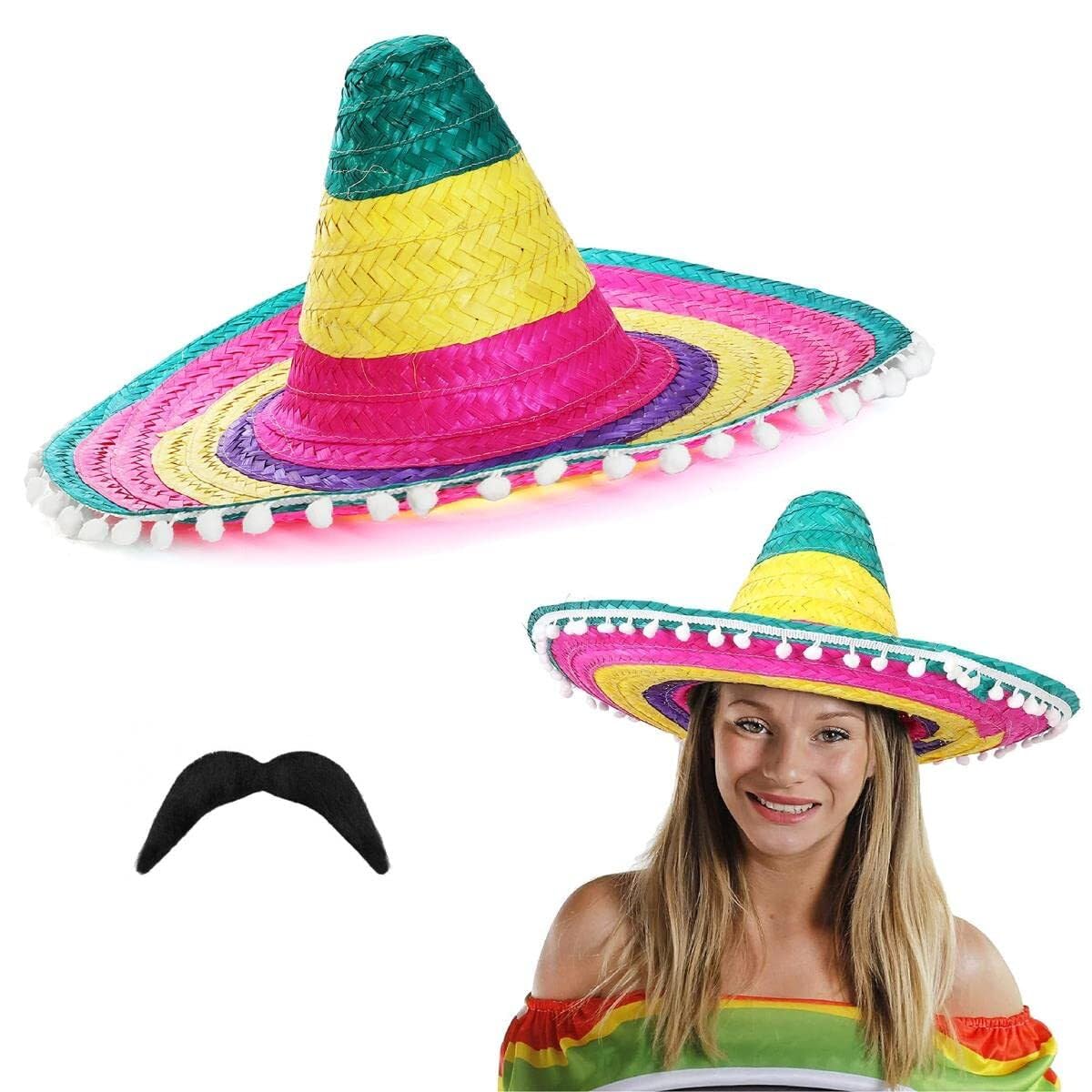 I LOVE FANCY DRESS Sombrero Accessory Set - Pack of 48 - Multicoloured Sombrero with White Pom Poms and Mexican Moustache - Accessories for Fiesta Parties Unisex
