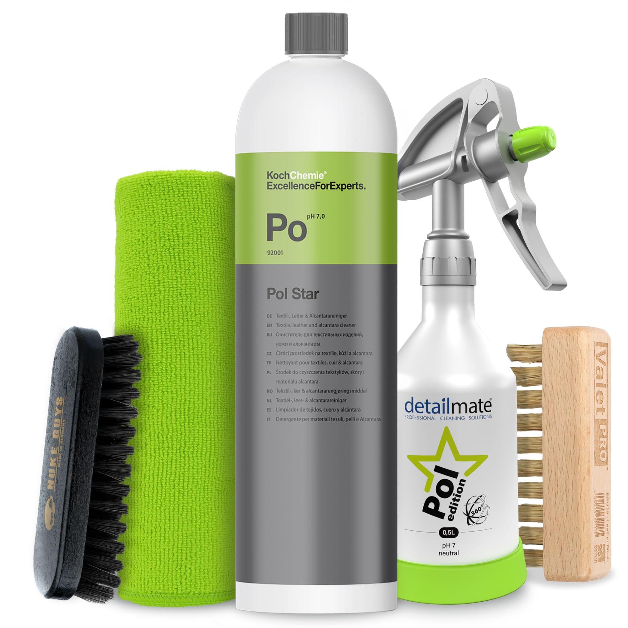 detailmate Kwazar Interior Cleaning Set - Koch Chemie POL Star - Textile, Leather & Alcantar Cleaner 1 L by Kwazar 360 Degree Spray Bottle 0.5 L, Cloth 40 x 40 cm - Soft Nylon Brush - Upholstery Brush