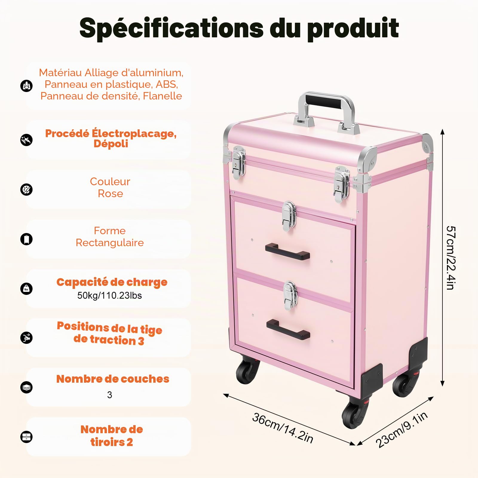 Valise cosmétique à roulettes avec tiroir, Valise professionnelle à roulettes pour maquillage et ongles, Grande valise à maquillage verrouillable pour femmes avec roues pour voyage