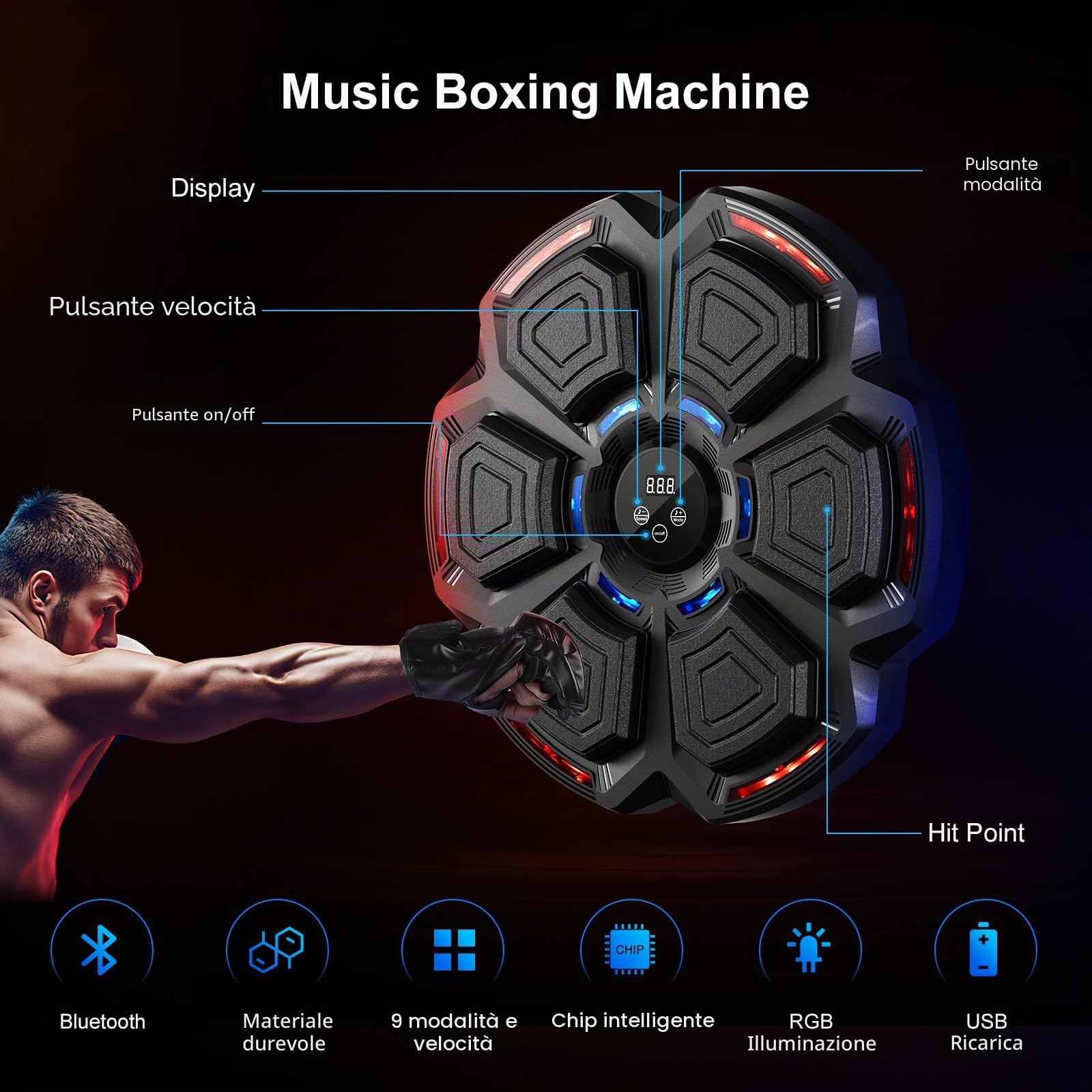 FOOING Macchina da Boxe Musicale Smart con Bluetooth, Luci LED e Livelli di velocità per Adulti e Bambini, Attrezzo per Allenamento con Guantoni da Boxe per Ridurre Lo Stress e Allenamento Domestico