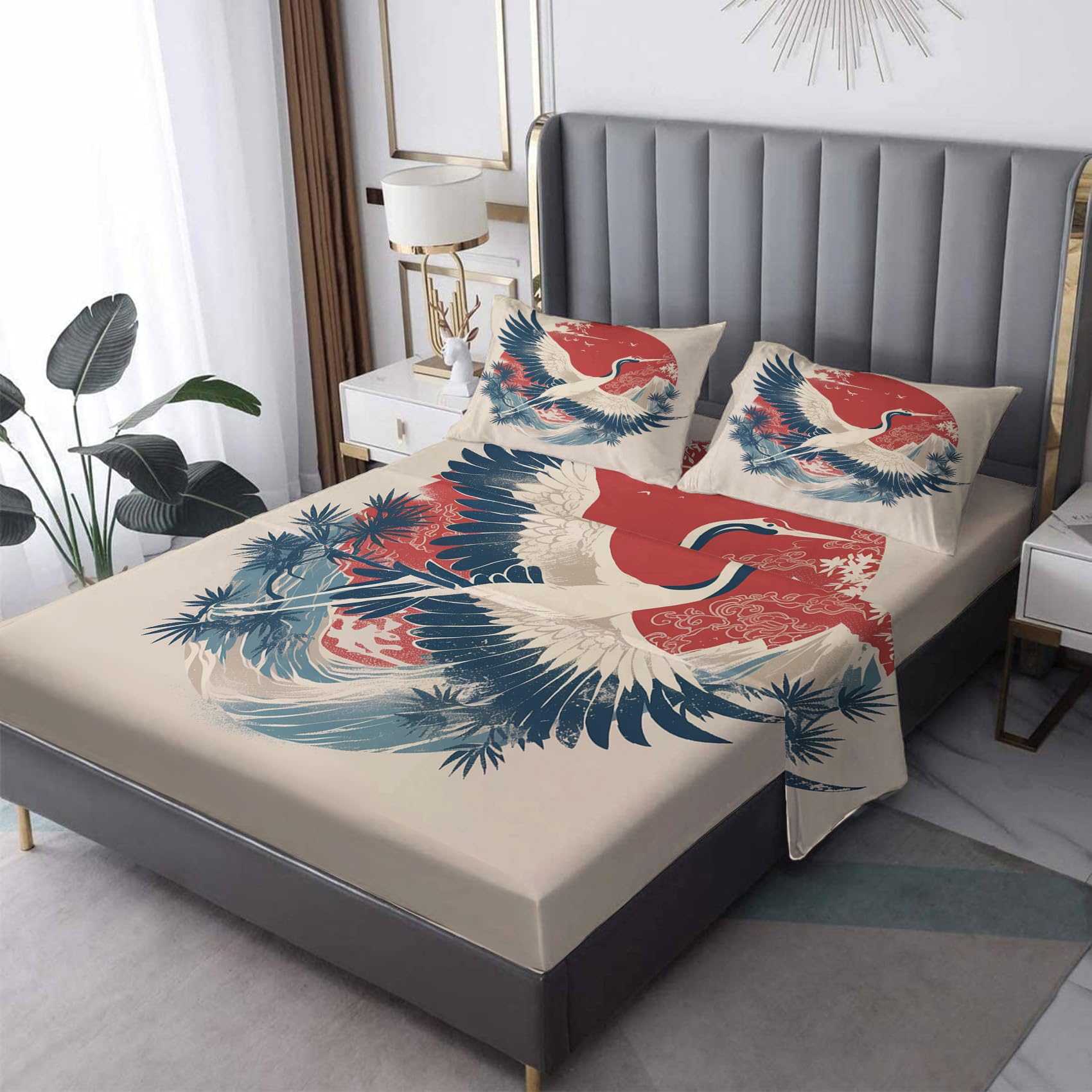 Zvynqour - Japanese Crane Sheet Set Twin XL Size, Ukiyoe Bed Sheets, 16" Deep Pocket Fitted Sheets & Flat Sheets & Pillowcases, Bedding Set