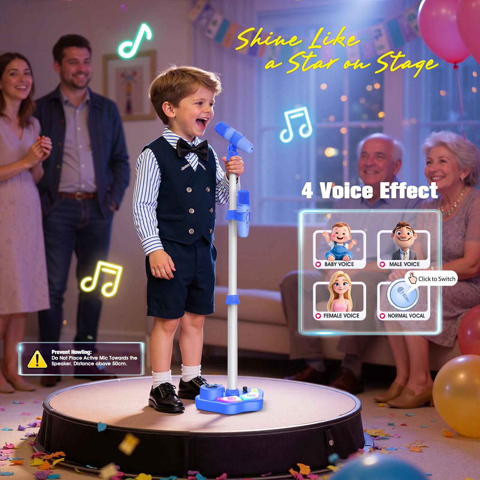Kinder Karaoke-Maschine Spielzeug mit Ständer für Jungen Alter 3-8 Jahre, wiederaufladbares Karaoke-Mikrofon mit 2 kabellosen Mikrofonen & LED-Lichtern, 3 4 5 6 7 8 Jahre alt Junge Mädchen