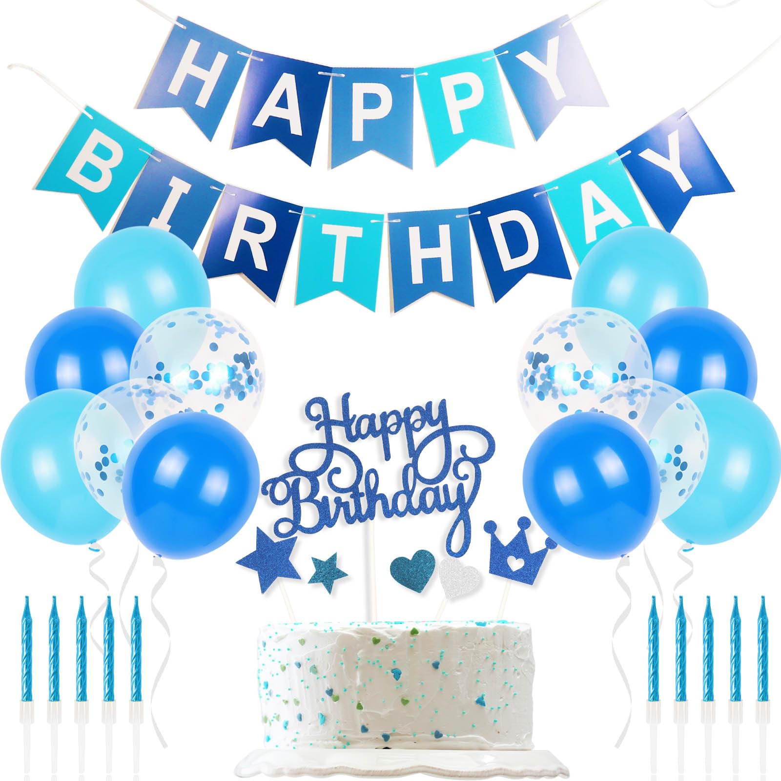 Happy Birthday Banner Bunting Blue Party Balloons Confetti Latex