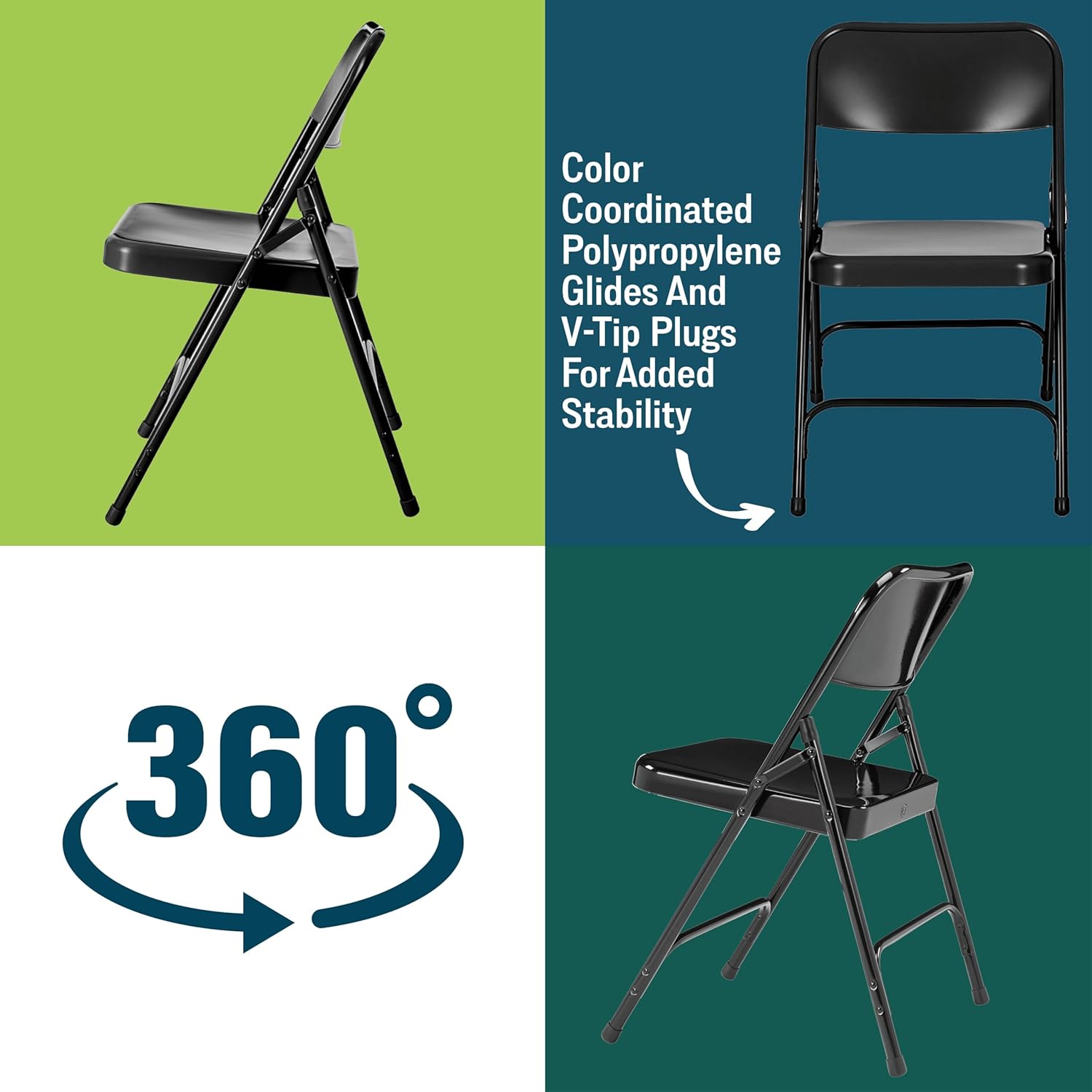 Steel Portable Folding Chairs by National Public Seating – 200 Series Premium Heavy-Duty Foldable Chairs for Indoor & Outdoor, Set of 4 – Comfortable, Durable, Institutional-Grade, Black