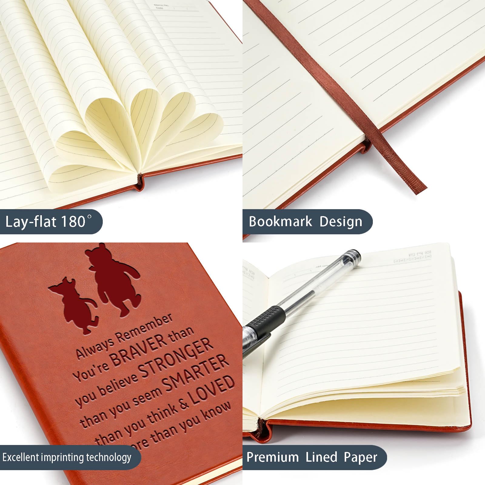 Pooh Bear Leder Notizbuch Always Remember You're Braver Than You Believe Leder Notizbuch Freundschaftsgeschenk für Frauen Männer Geburtstagsgeschenke für Sohn Tochter (braun)