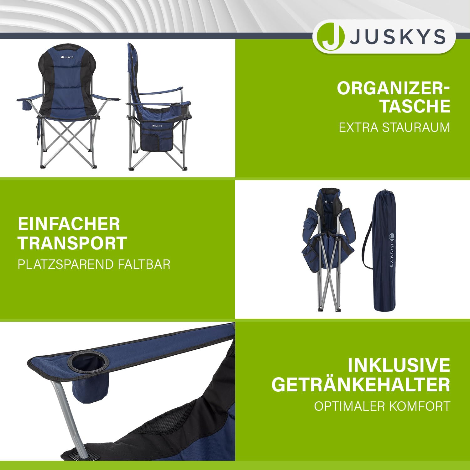 Juskys® Campingstuhl Lido faltbar inkl. Getränkehalter, Seitentasche & Tragetasche - Camping Klappstuhl gepolstert mit Armlehne & Rückenlehne - 4 Farben