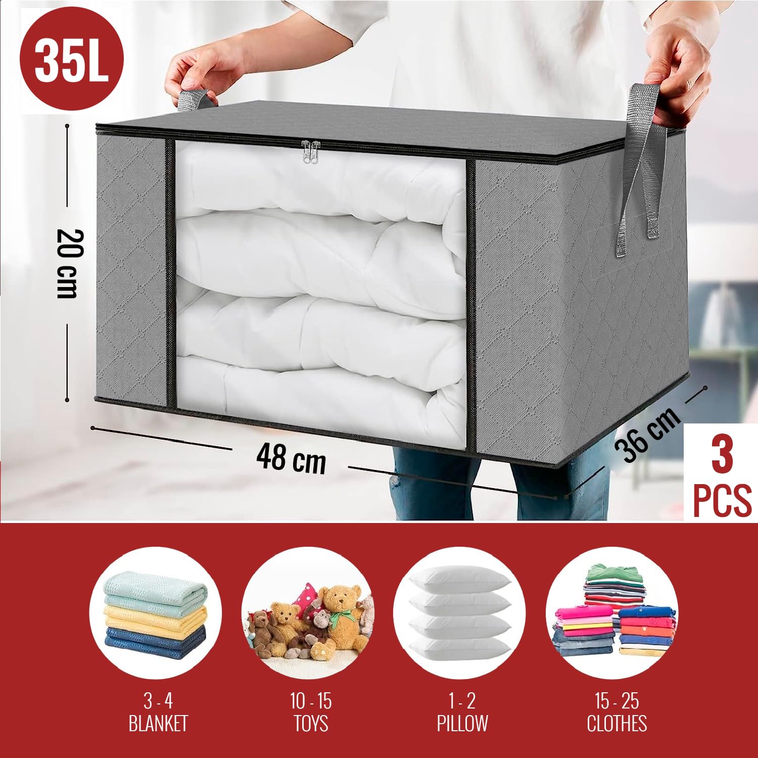 edihome Cajas Almacenaje Ropa Bolsas Organizador Armario con Asas Reforzadas Fundas Tela Resistente Gris claro Pack de 3