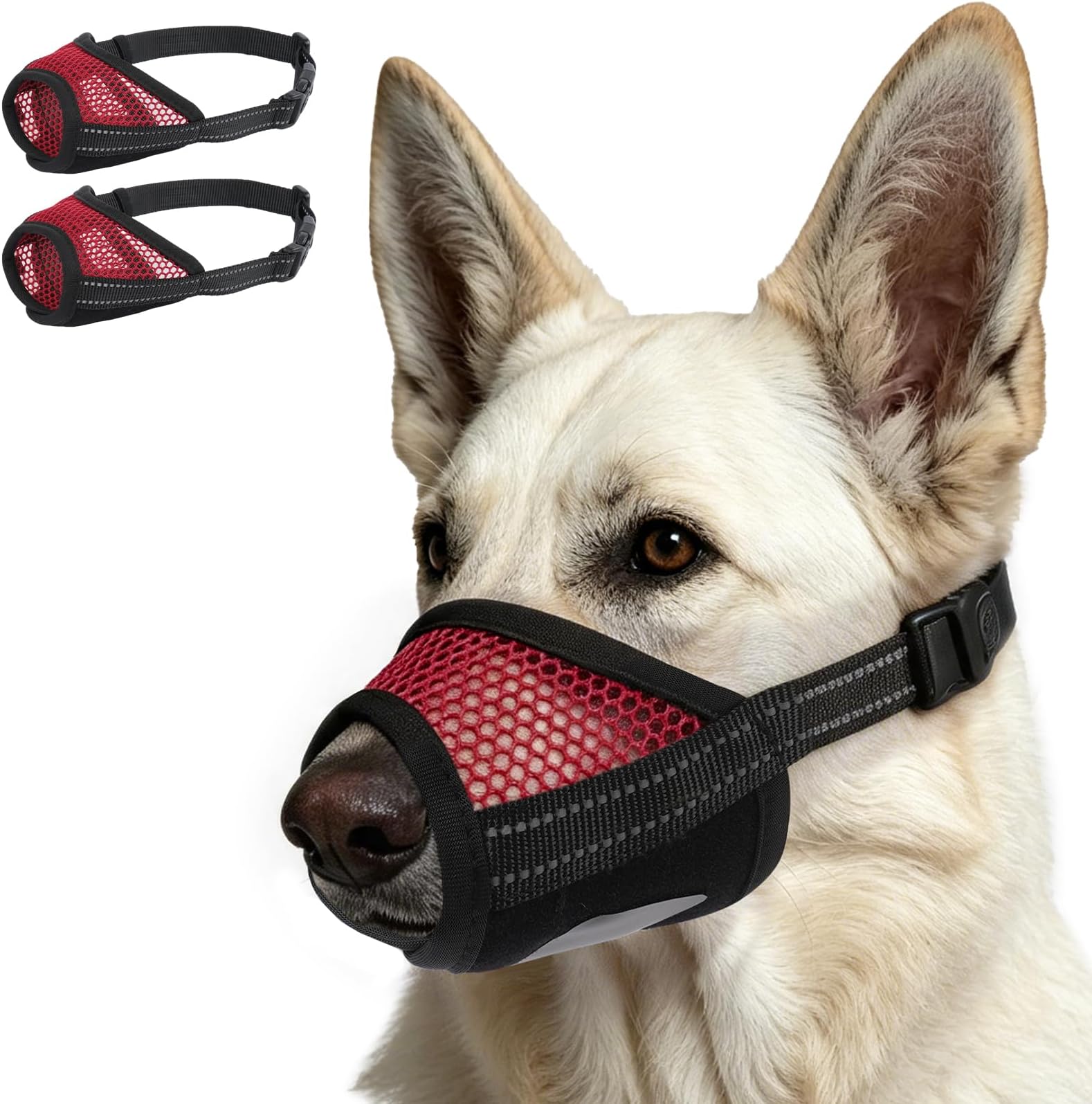 2 Pack Dog Muzzle for Anti Biting and Barking – Secure and Easy-Clean Breathable Mesh Mouth Guard for Grooming, Vet Visits, and Daliy Walks, Fits for Medium Sized Dogs, Red, M