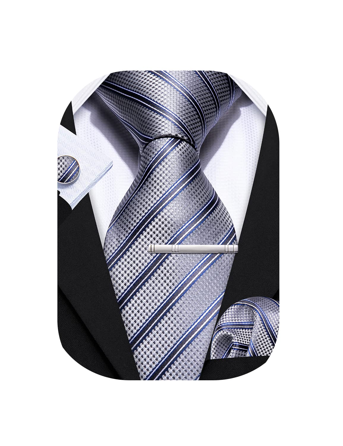 Barry.WangMen Tie Stripe Plaid Silk Ties Pocket Sqaure Cufflink Tie-Clip 4PCS Set Classic Business Wedding Necktie