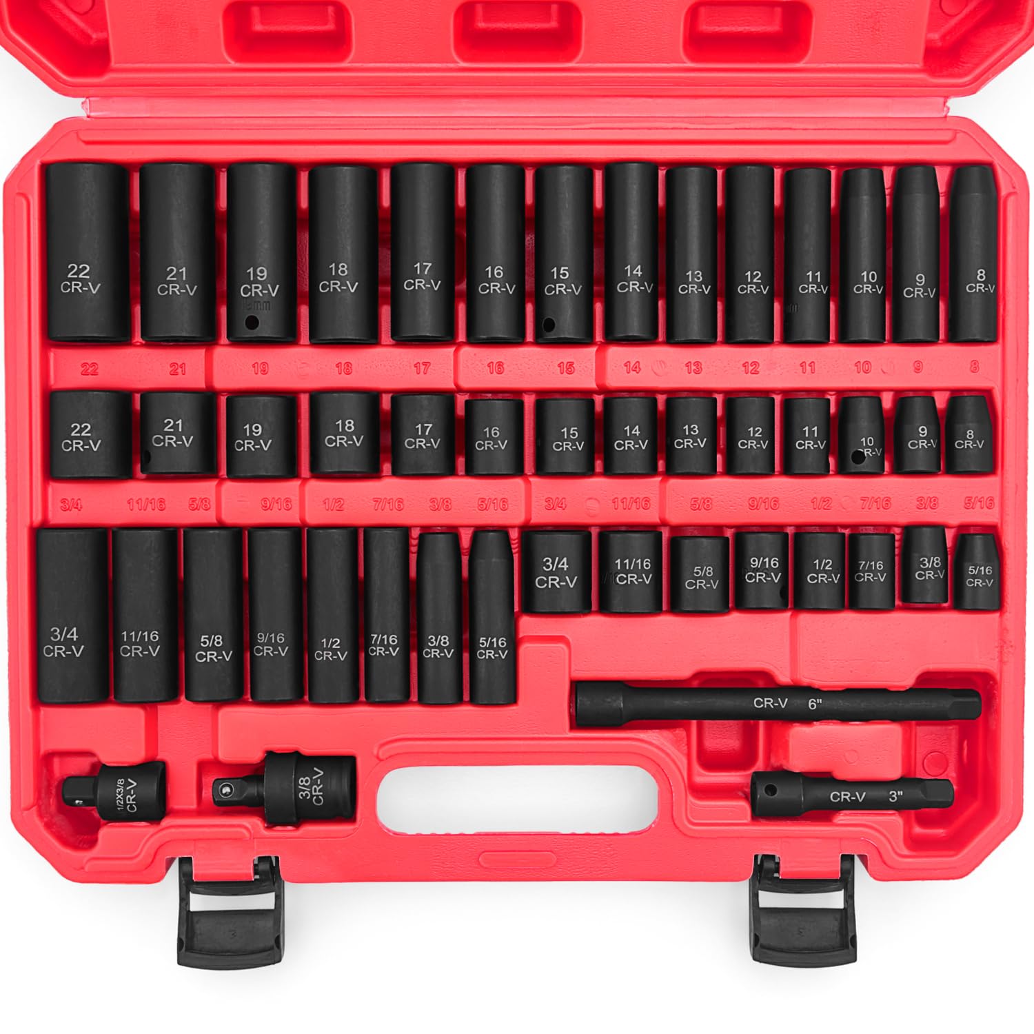 48-teiliges Schlag-Steckschlüssel-Set 3/8" - SAE & Metrisch, Mit Verlängerungen & Gelenk