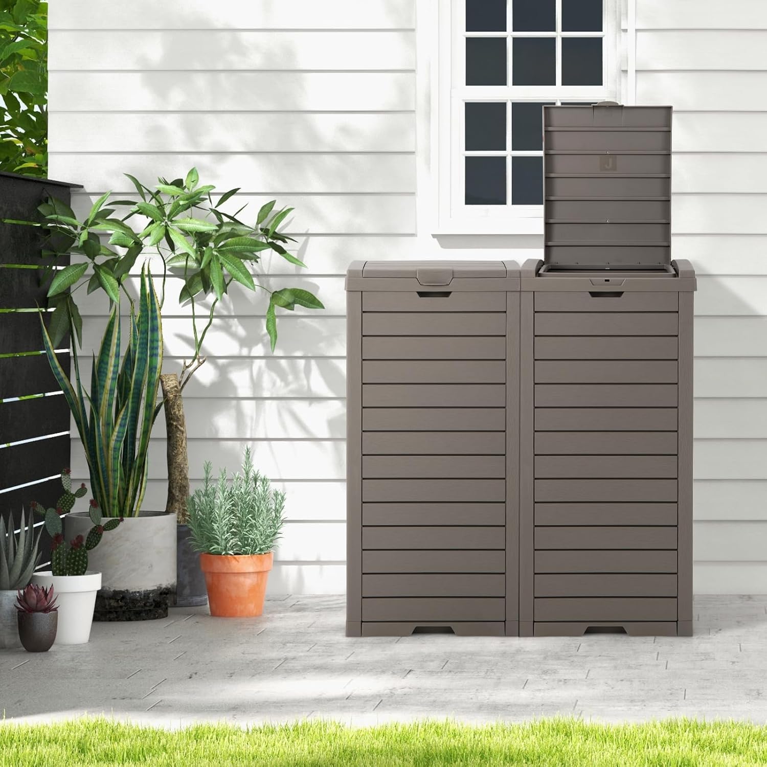 TANGZON 140L Outdoor Trash Can, Resin Trash Hideaway Waste Bin with Lid, Liquid Drawer & Built-in Handle, Waterproof Garbage Can Dustbin for Garden Patio Park Porch (Brown)