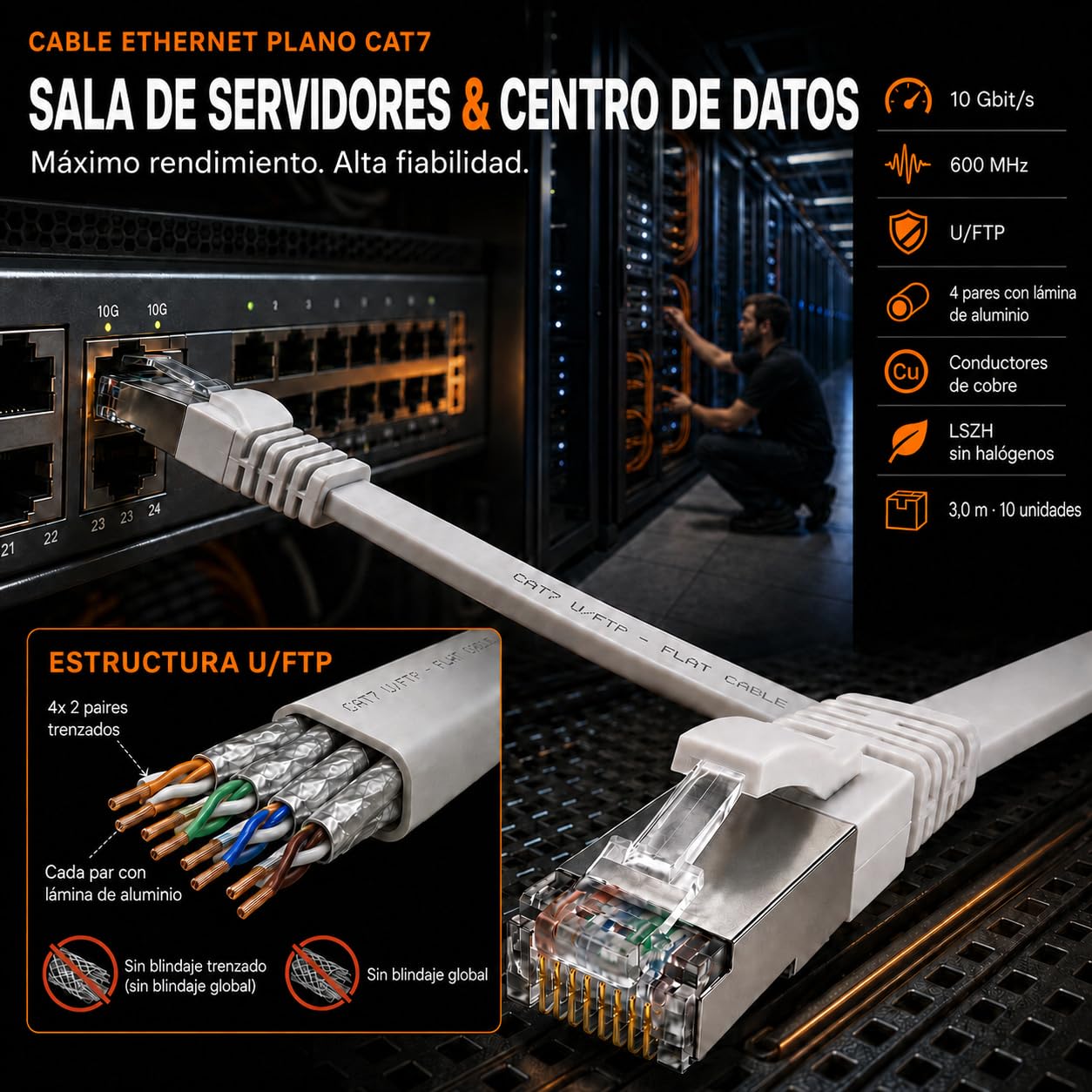 10x Cable Ethernet CAT7 plano 7,5m U/FTP 10 Gbit/s RJ45 Cat6a azul | Cable de red LAN plano y flexible, LSZH, para router, módem, switch, PC, Smart TV, consola, NAS y panel de conexiones RJ45.