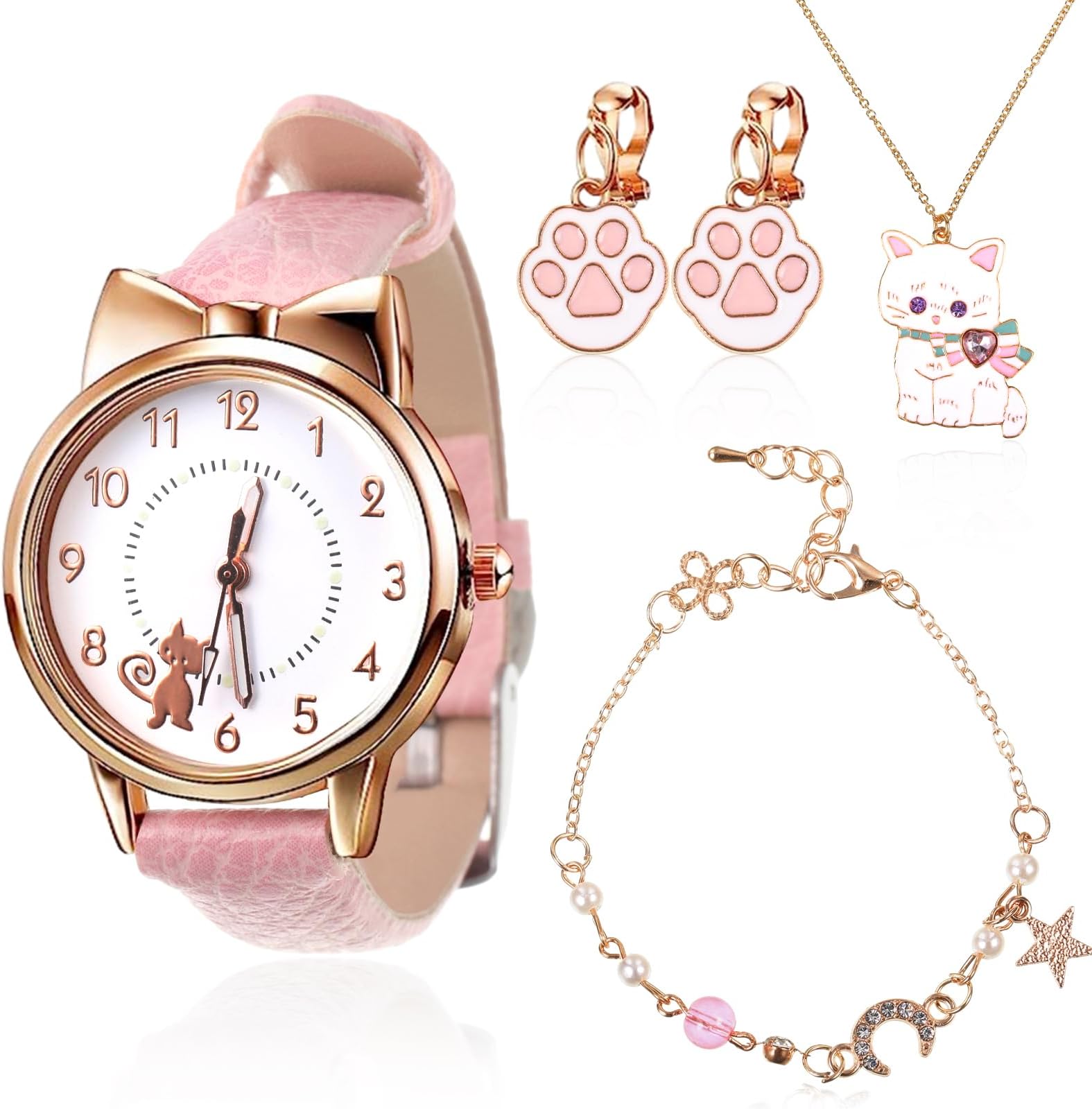 wlertcop 4 Pieces Children Watches Girls Age 5-16, Kids cat Watch Cartoon Qua...