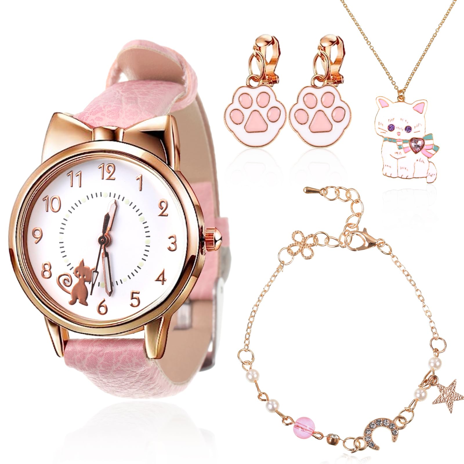 4 Pieces Children Watches Girls Age 5-16, Kids cat Watch Cartoon Quartz Leather Watches Beaded Charm Chain Bracelets Cute Cat Necklace, Cartoon Cat Ear Clip for Birthday Gift or Back