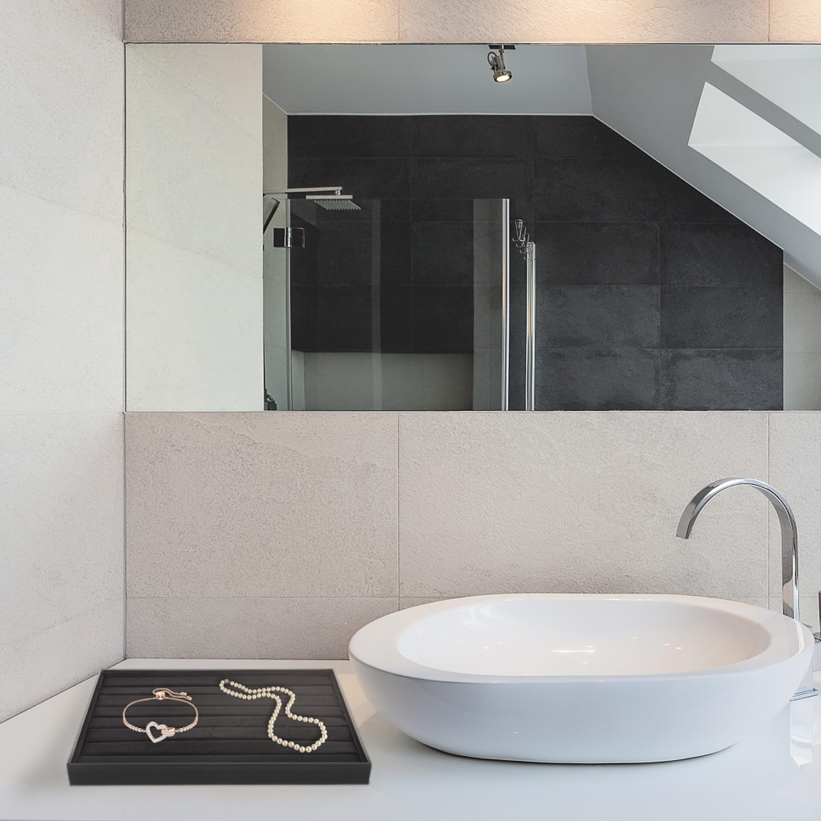 Plateau à Bagues en Flanelle Noire à 12 Compartiments pour Rangement de Bagues et Bracelets, Plateau Décoratif et Moderne pour Maison et Boutique, Lot de 2 Pièces