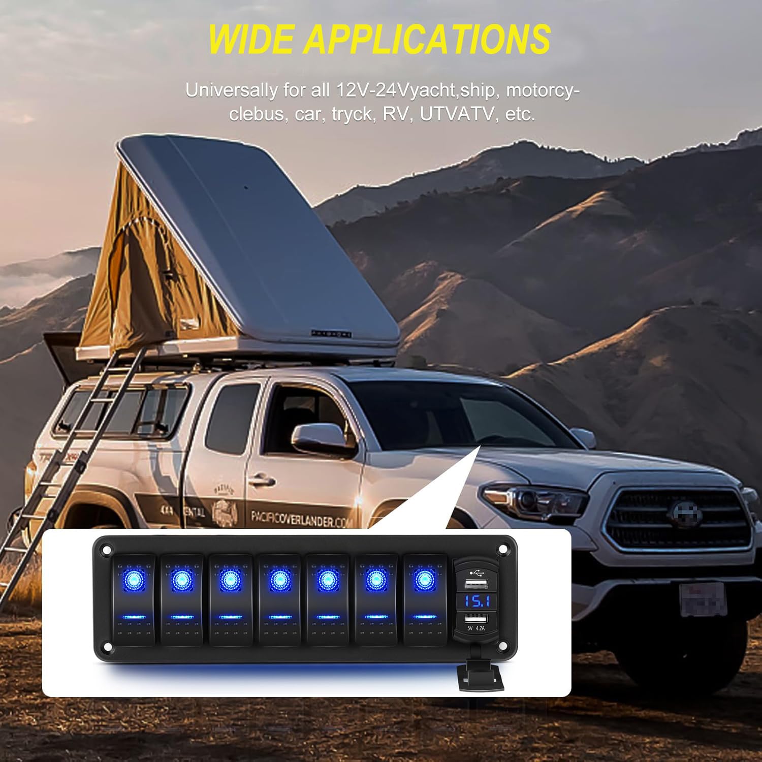 Greluma Pannello interruttori a bilanciere a 7 bande in alluminio con voltmetro e doppia USB (4,2A),ricarica rapida,LED retroilluminato,precablato IP65 impermeabile per nautica,barca,auto,camion(blu)