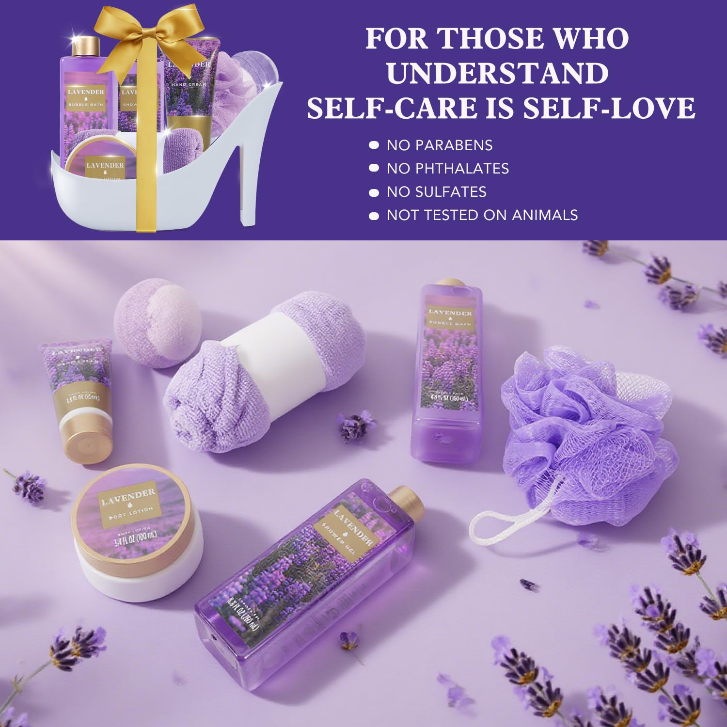 Spa Luxetique Gifts for Women 8pcs Relaxing Lavender Gift Set for Women High Heel Spa Gift for Womens Birthday Gifts for Womens Mom Grandma Teacher Nurse Valentines Day Gift for Her - Image 3