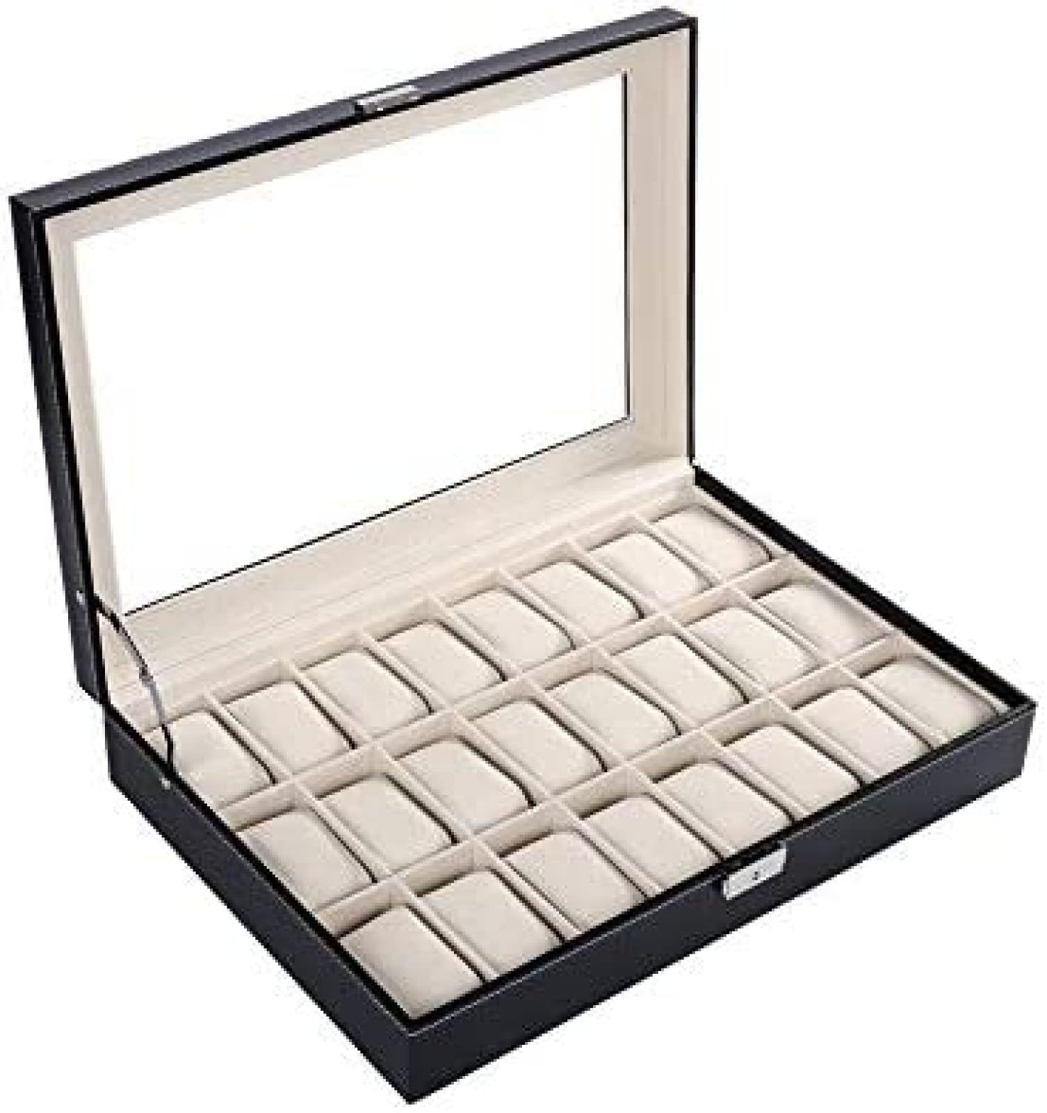YNBSHGAA 24 Grid Watch Box Multi-Functional Storage Case for Bracelets and Watches Lockable Jewellery Display Holder Transparent Lid Watch Casket Black Leather Elegance Gift Box f