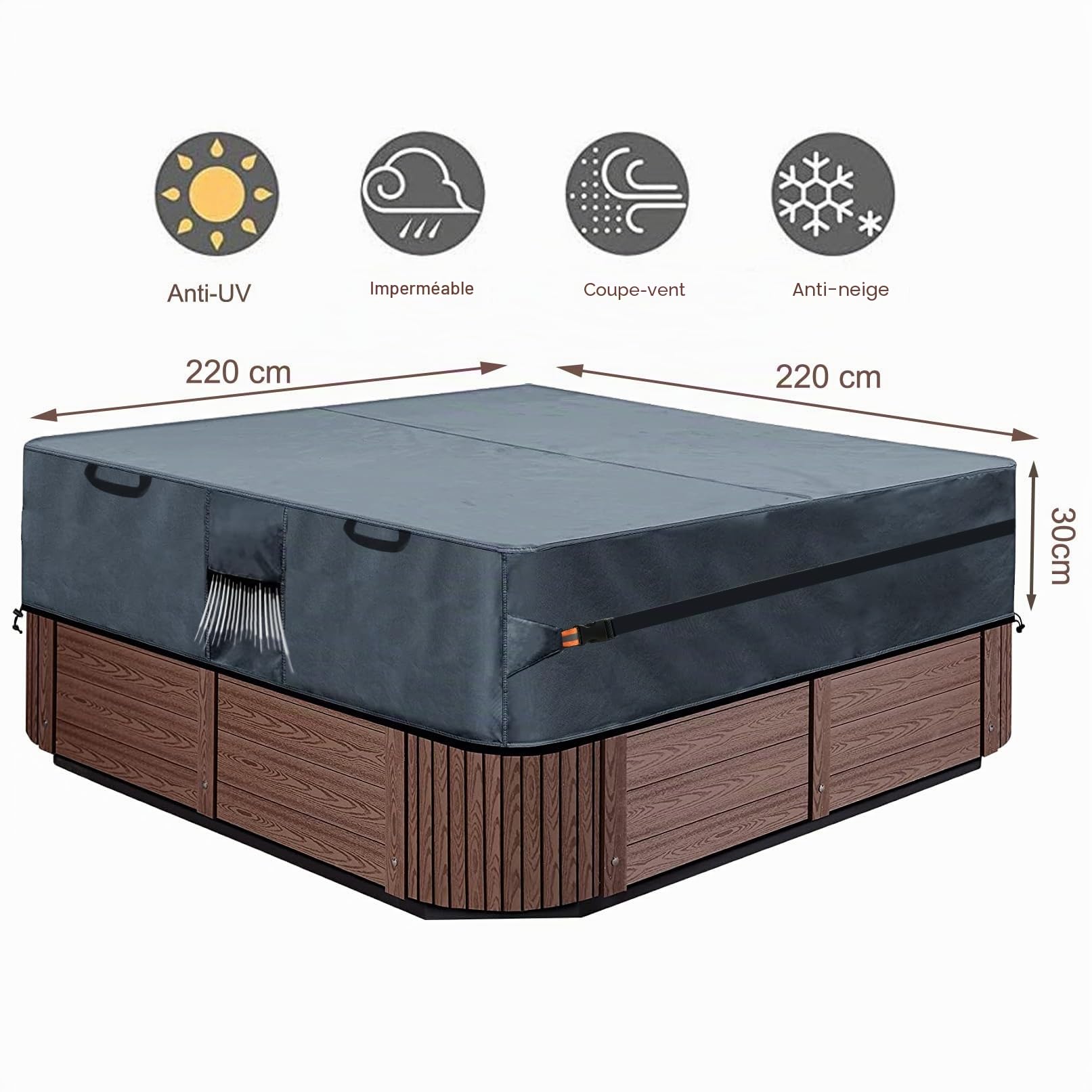 Housse de Protection pour Bain à Remous de Jardin - 220 x 220 x 30 cm - Carré - en Oxford 600D - Protector-Spa - Imperméable, Anti-poussière, Anti-UV, Coupe-Vent, Gris.