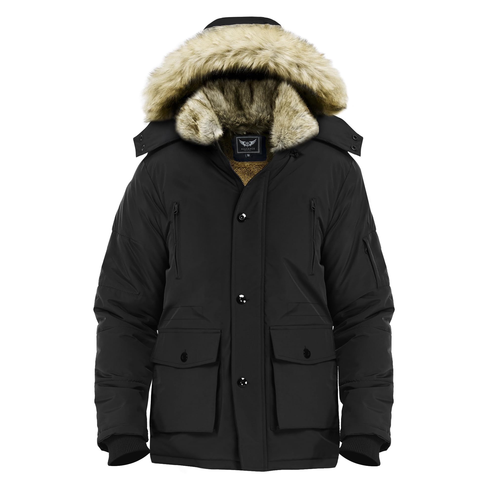 Photo 1 of Men's Winter Thicken Coat Warm Faux Fur Lined Padded Puffer Parka Jacket with Removable Hood Large Black