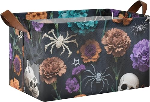 KLL Halloween Colorful Rose Skull Baskets Closet Storage Bins with Handles Cube Organizer for Organizing, Shelf, Clothes, Home, Office 2 Pack