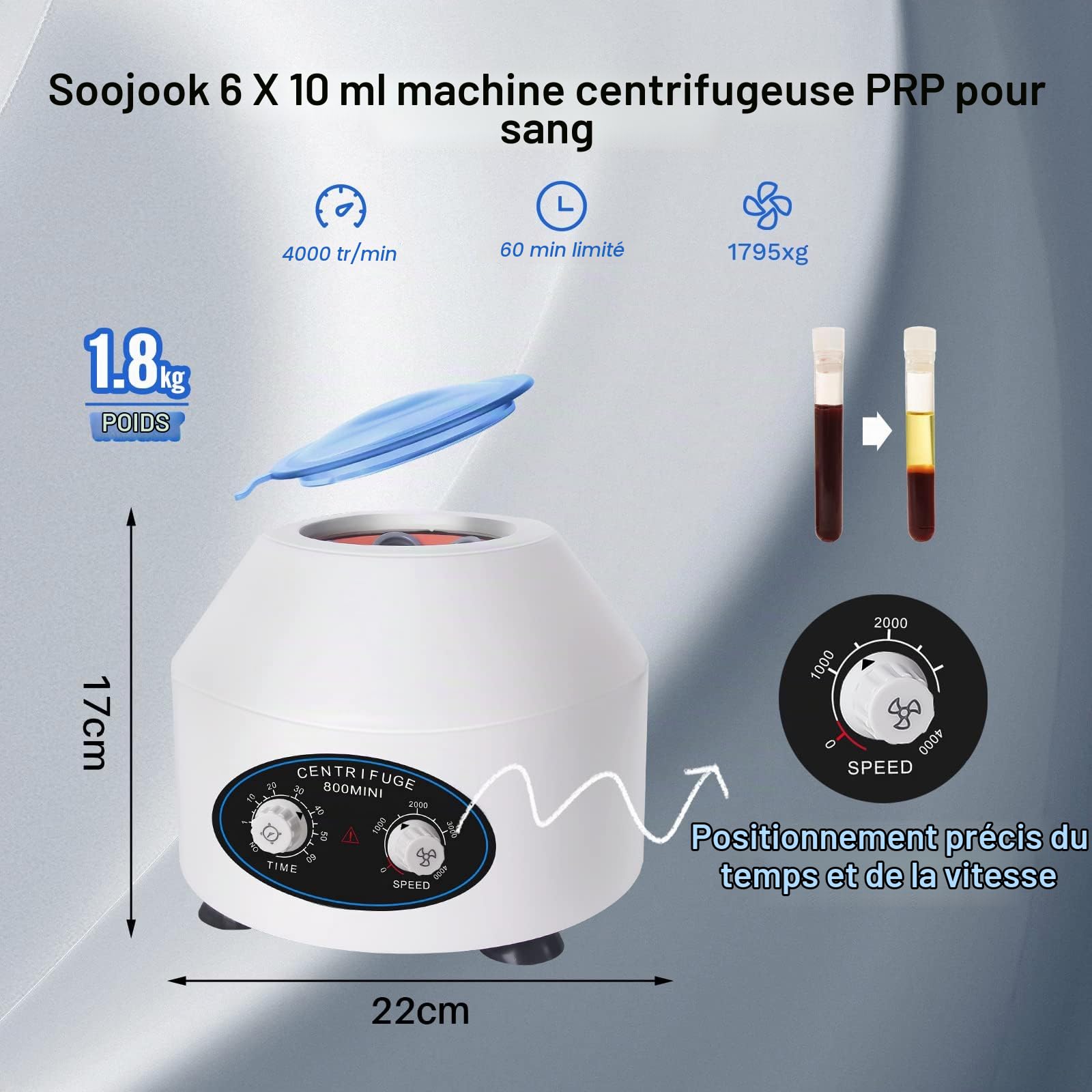 SJ 800min 6x10ml Centrifugeuse Laboratoire, Professionnelle Centrifugeuse PRP Plasma avec 4000rpm, 1795xg Centrifugeuse de Laboratoire