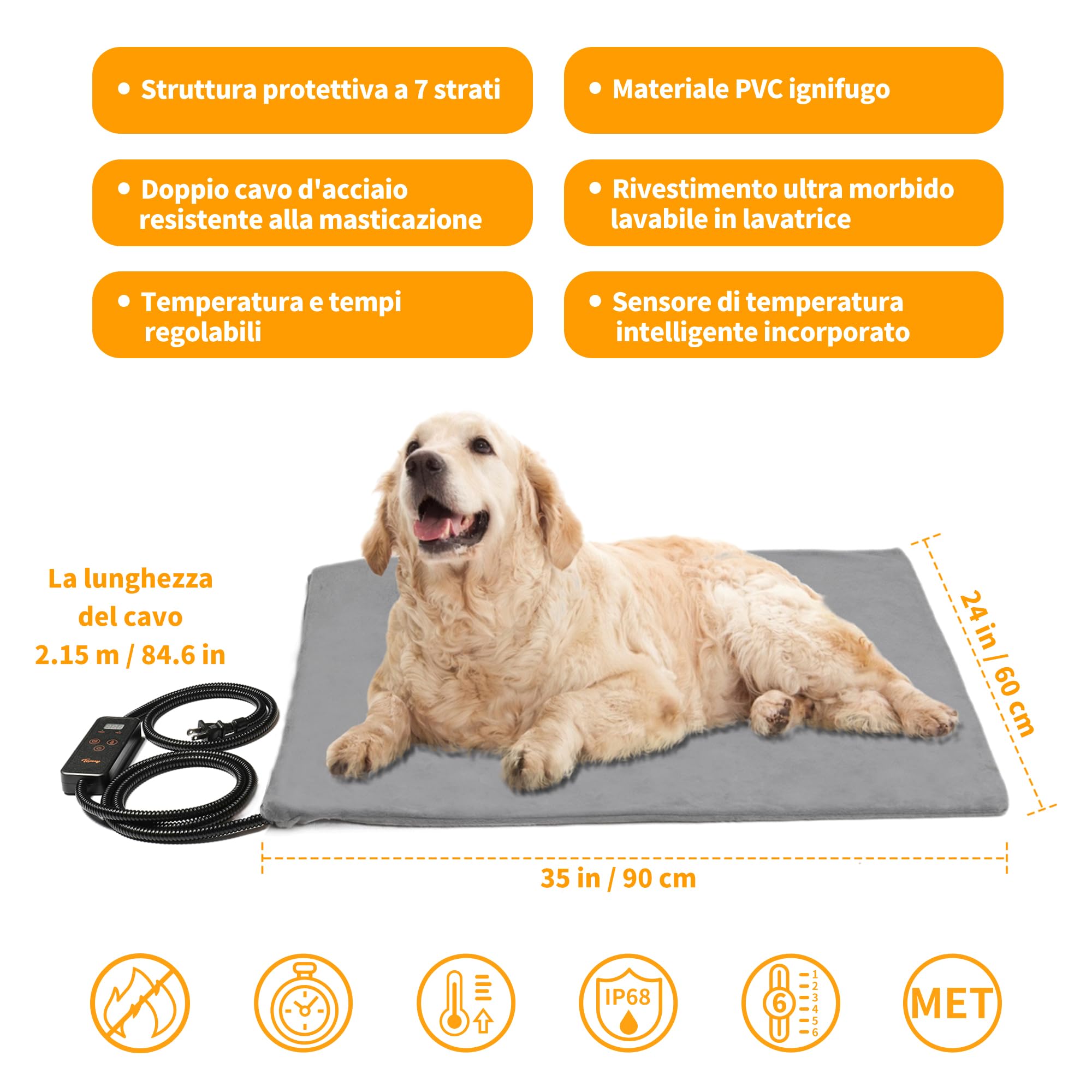 Toozey Tappetino Riscaldante per Cani e Gatti Tappeto Riscaldante per Animali Domestici Elettrico Regolabile Timer e per Temperatura per Cani e Gatti Neonati/Piccoli/Anziani, Grigio - XL (90 * 60cm)