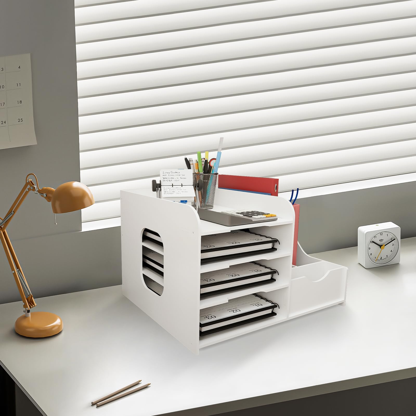 Briefabla Organizer na dokumenty A4, organizer na dokumenty na biurko z uchwytem na długopis, stylowy schowek na biurko do szkoły i domu, 40 x 31 x 25 cm, biały (1 sztuka)
