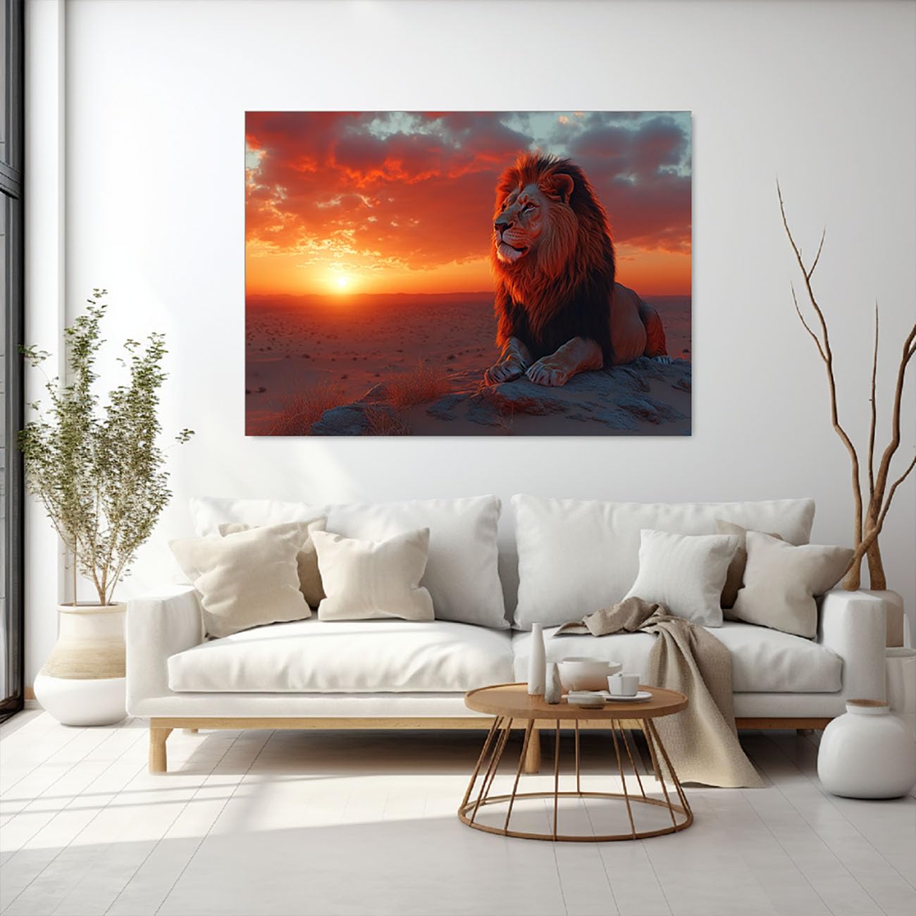 WIKEO Tableau décoratif animal Lion de la forêt Oeuvre Impression sur toile - Décoration murale - Afrique lac nature paysage coucher de soleil animaux(rouge)-40x60cm Encadrée