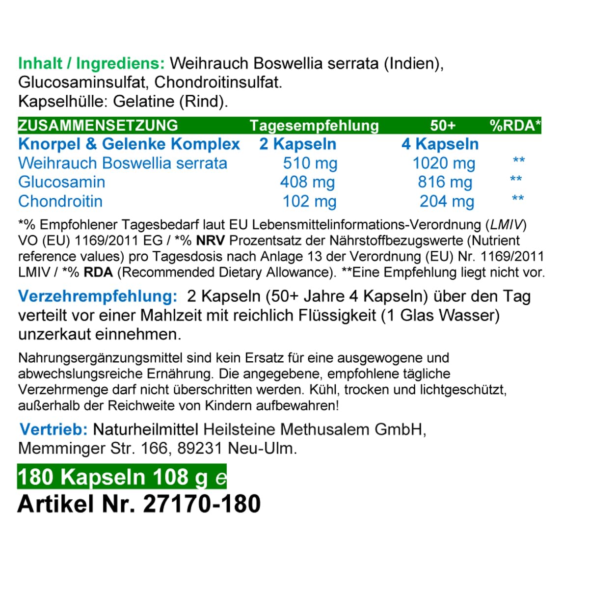 KNORPEL & GELENKE Komplex - BINDEGEWEBE aufbauen & straffen bevor Knie & GELENKE schmerzen. BOSWELLIA Weihrauch + Glucosamin + Chondroitin 180 Kapseln - OHNE ZUSATZSTOFFE. 27170-180