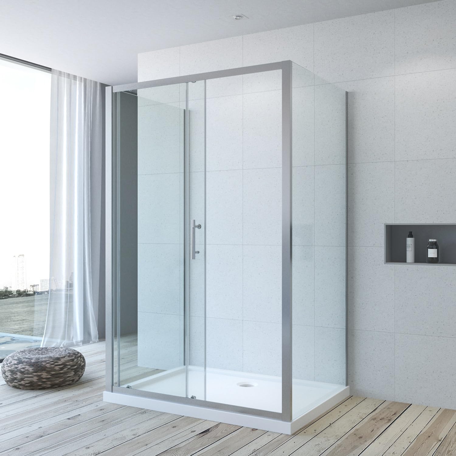 Duschkabine Eckeinstieg U Form Dusche 100 x 90 x 185 cm Duschabtrennung 3 Seiten U Kabine Eckdusche Schiebetür mit Seitenwand Freistehend Sicherheitsglas ESG klar ohne Duschwanne Duschtasse