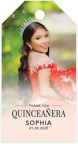 Andaz Press Paquete de 40 etiquetas de recuerdo de quinceañera personalizadas con cuerda, etiquetas clásicas de regalo de agradecimiento con foto