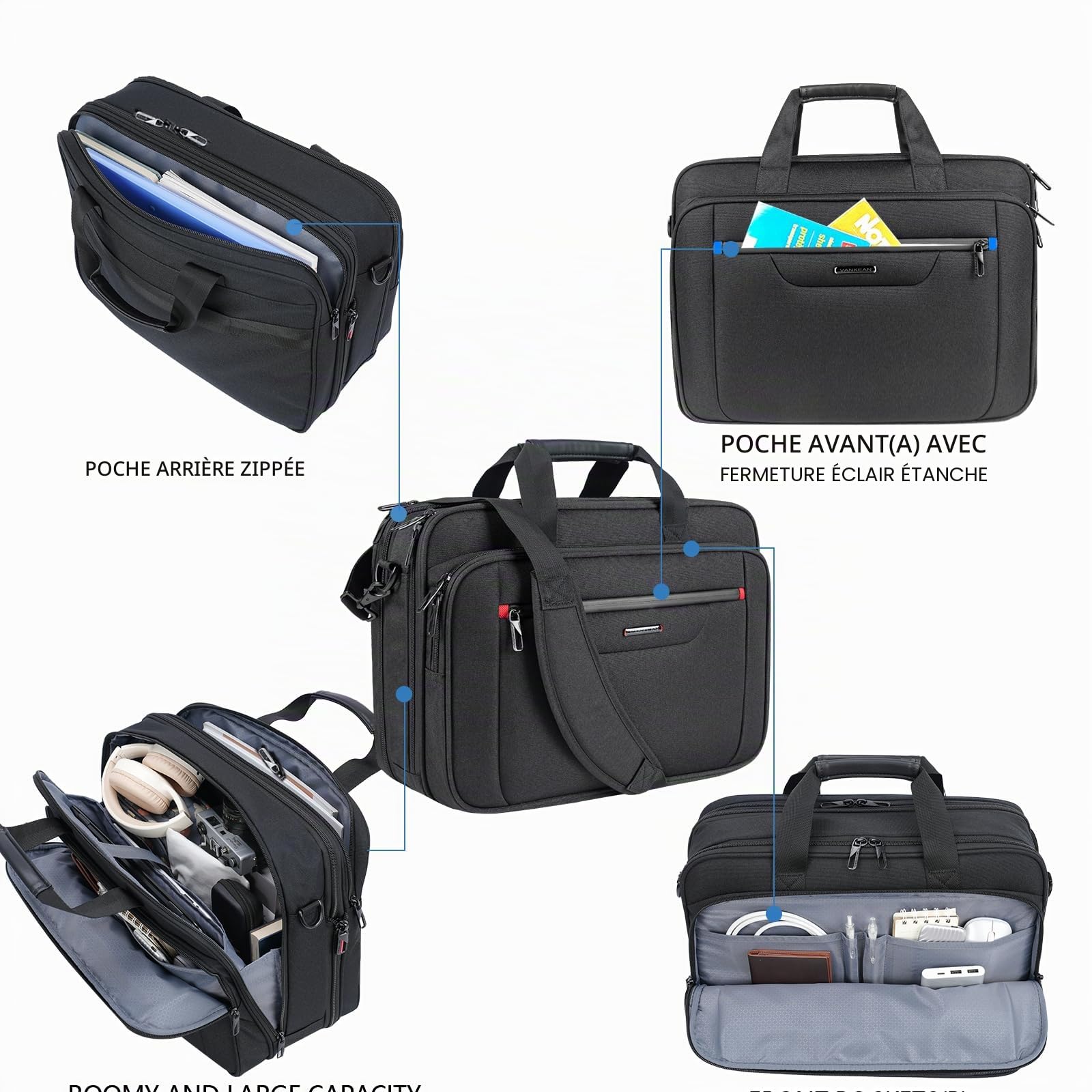 VANKEAN Sacoche pour ordinateur portable 17.3 Pouces Imperméable Mallette pour homme/femme Sac de messager expansible déperlant pour voyage affaires école, Noir