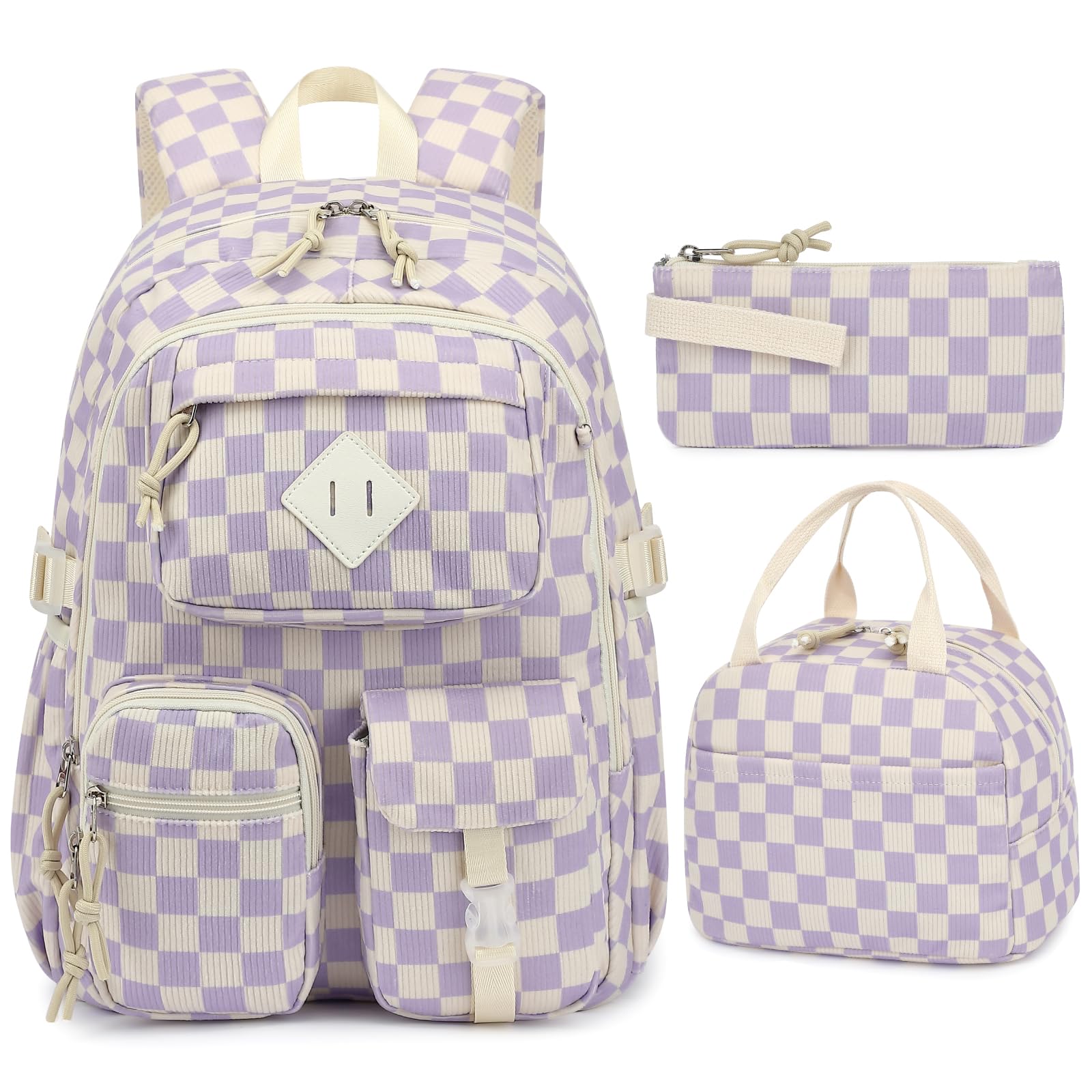 Lroiutian Corduroy 3-Piece Backpack Set for Girls Boys School Bookbag, Kids Backpacks with Lunch Box and Pencil Case (Ages 8-18)-Purple Checkered