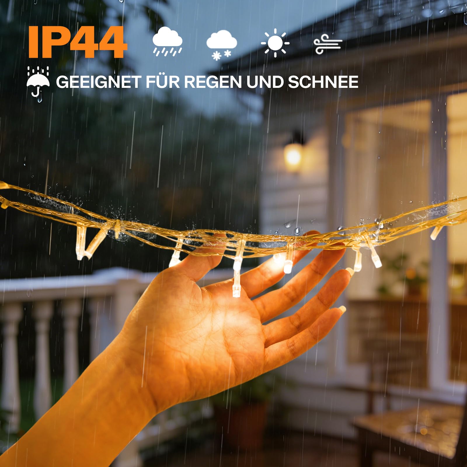 LED Lichterkette Außen 25m mit 200 Warmweißen LEDs, Strombetriebene Lichterkette für Innen & Außen, IP44 Spritzwassergeschützt mit Fernbedienung und Timer, 8 Leuchtmodi für Balkon Deko, Gartendeko