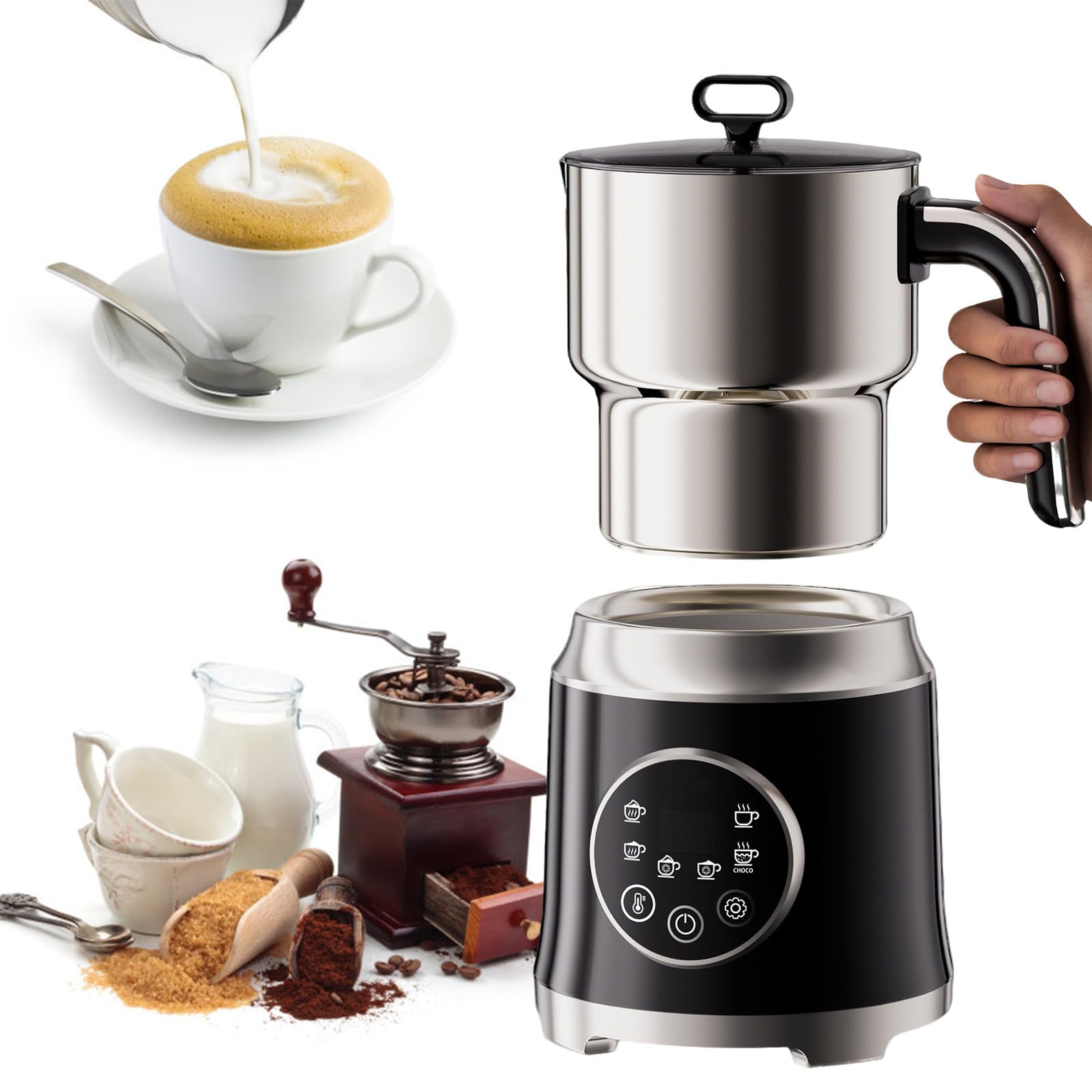 Elektryczny spieniacz do mleka do latte i cappuccino, automatyczny przyrząd do robienia gorącej i zimnej pianki oraz podgrzewacz do mleka, wielofunkcyjne urządzenie kuchenne