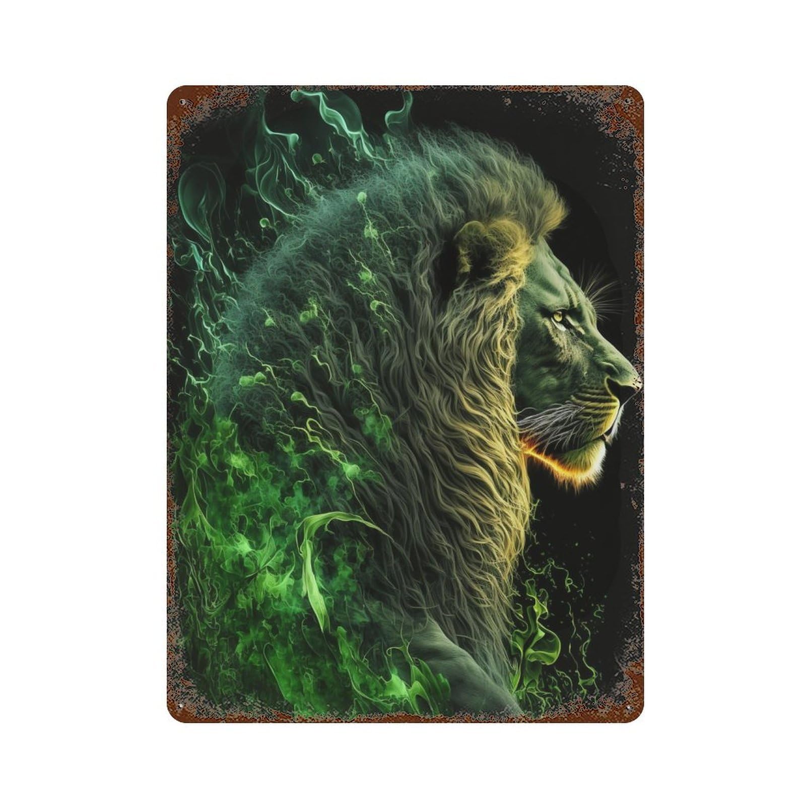 Green Flame Lion Art Print 15.7"x11.8" Vintage Rust Metal Sign, Novelty Wall Decor for Living Room, Hallway And Home Decor