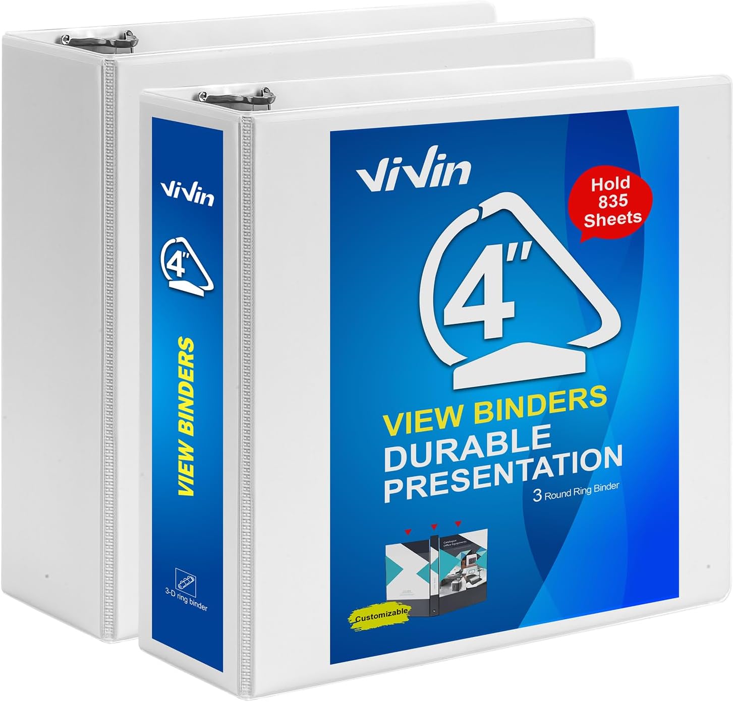 ViVin Durable 4 inch D Ring View Binder, Large 4" Slant-D Ring with 835-Sheet Capacity, Fit 8.5" x 11" Paper, 2 Pack(White)