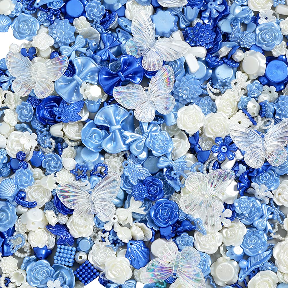 HugeDE 50g Mixed Size Resin Charms - Rose, Butterfly, Bow - Blue White - For Jewelry Making & Scrapbooking