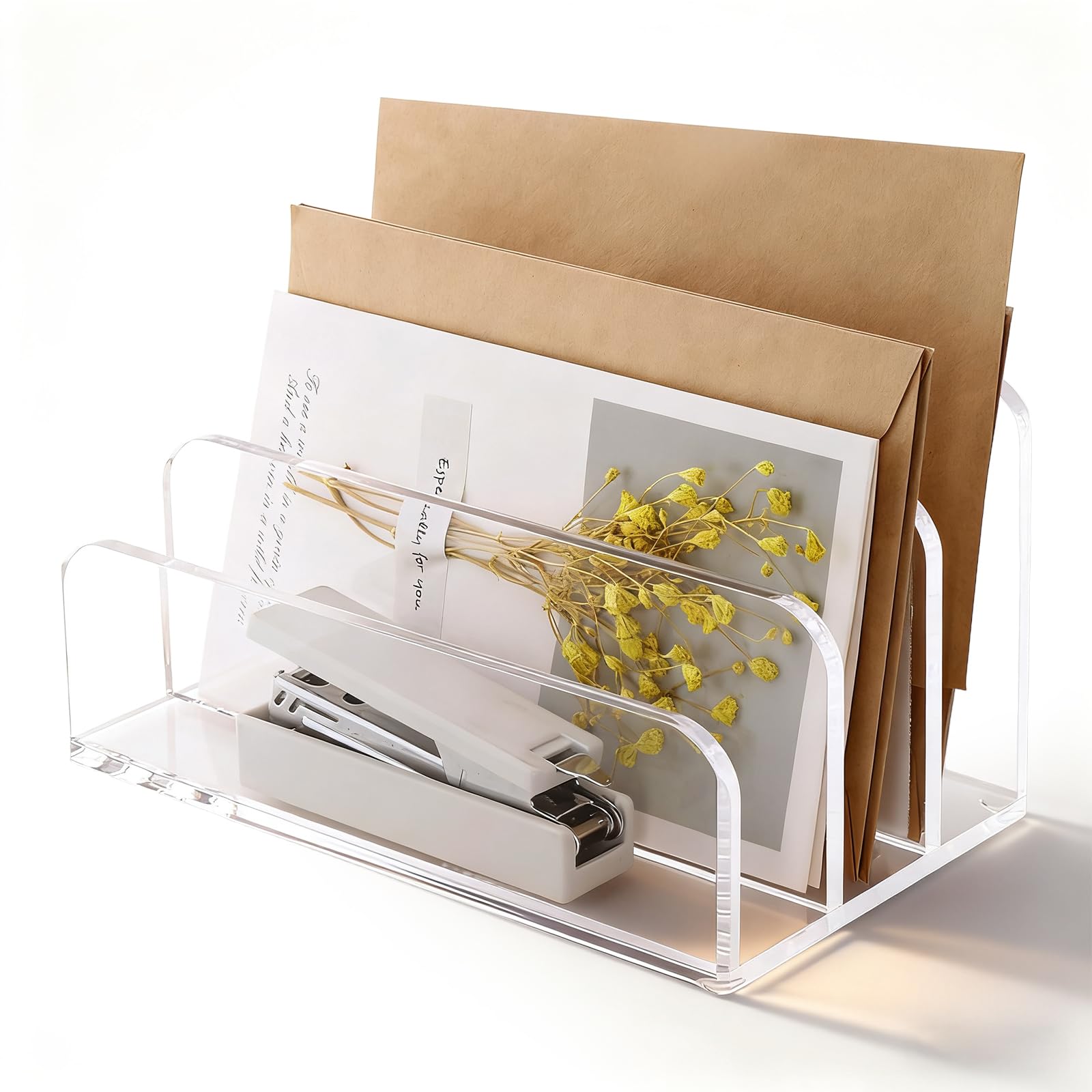 Soporte para cartas con 3 compartimentos, escritorio, soporte para cartas de acrílico, organizador de cartas transparente, soporte para documentos para escritorio, cartas, postales, folletos