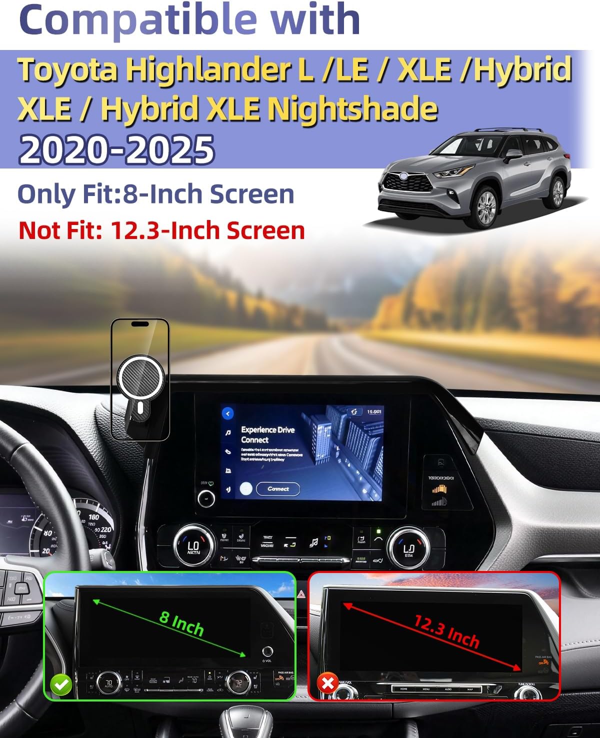 PZK Car Phone Mount for 2020-2024 2025 Toyota Highlander L/LE/Hybrid XLE/Nightshade Accessories 8-inch Screen Magnetic 15W Fast Wireless Charger Cell Phone Holder Not Affect Vent (Not fit 12.3 inch)