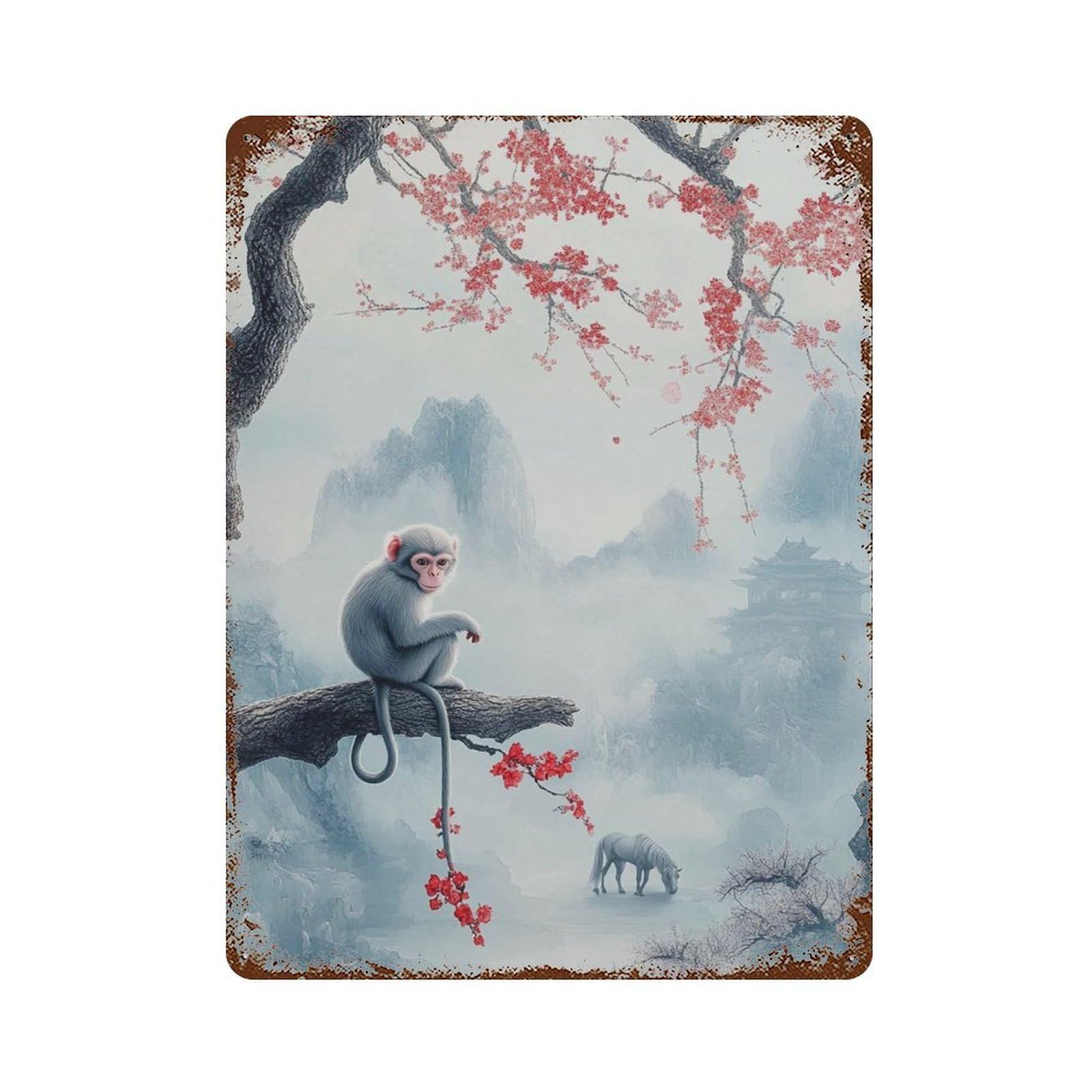 xiaoxiaoshen Monkey And Cherry Blossoms Oriental Landscape Misty Mountain Nature Wall Decor Art Metal Tin Poster Modern Home Decor Art Home Bar Shop Decorations Vintage Sign 40x30cm
