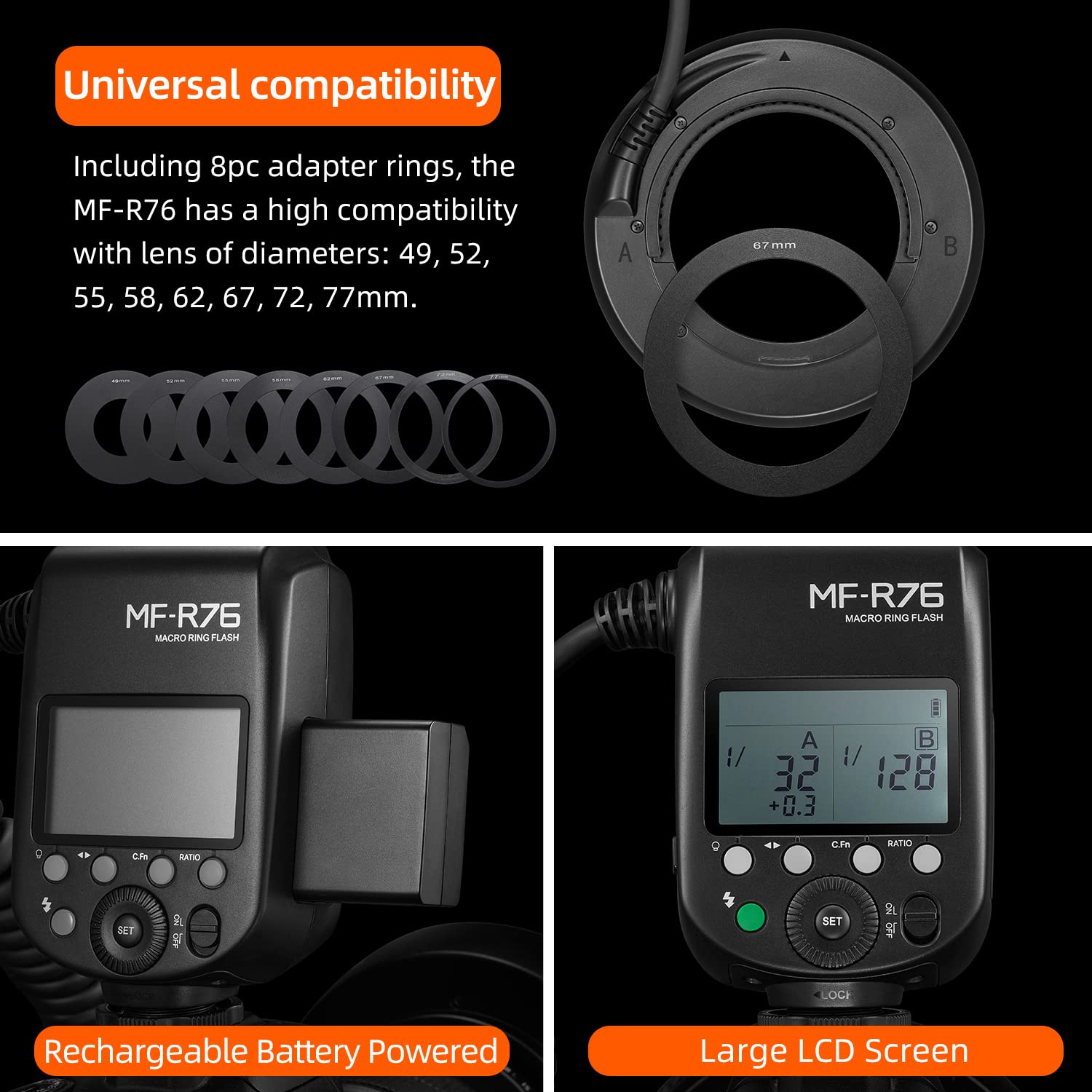 GODOX MF-R76 Flash Anello Macro 76 Ws 7,2 V / 2600 mAh Batteria Ricaricabile 660 Flash Piena Potenza 0,1-1,5 s Tempo Riciclaggio, Adatto per Fotocamere Canon Nikon Sony Fuji Olympus Panasonic Pentax