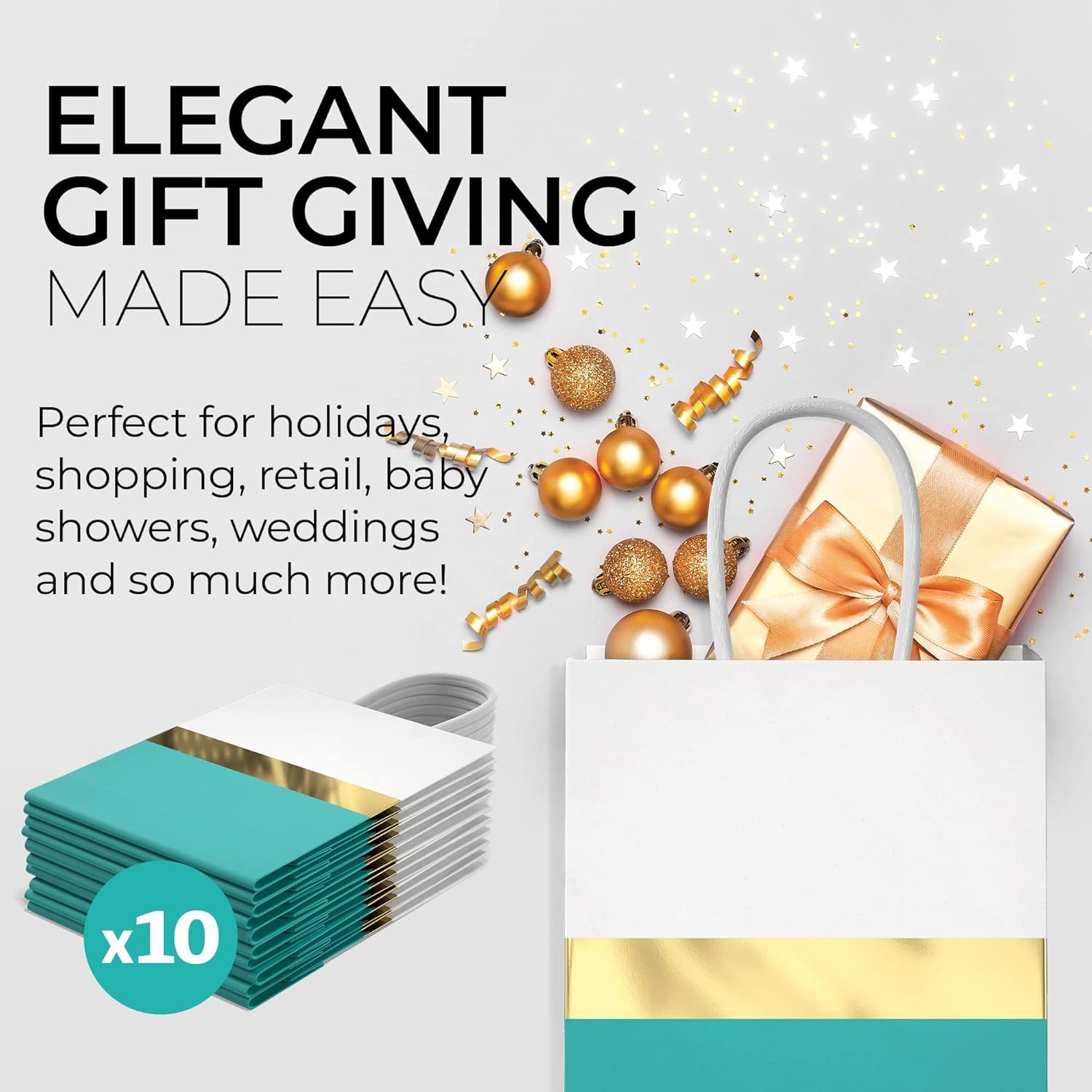 HOUMY Designer Paper Gift Bags with Handles - Reflective Gold Stripe Design - Reinforced Base - Luxury Gift Box for Wedding, Birthday & Bachelorette Party for Women - Medium (8x5.25x3.25) Teal 10Pack