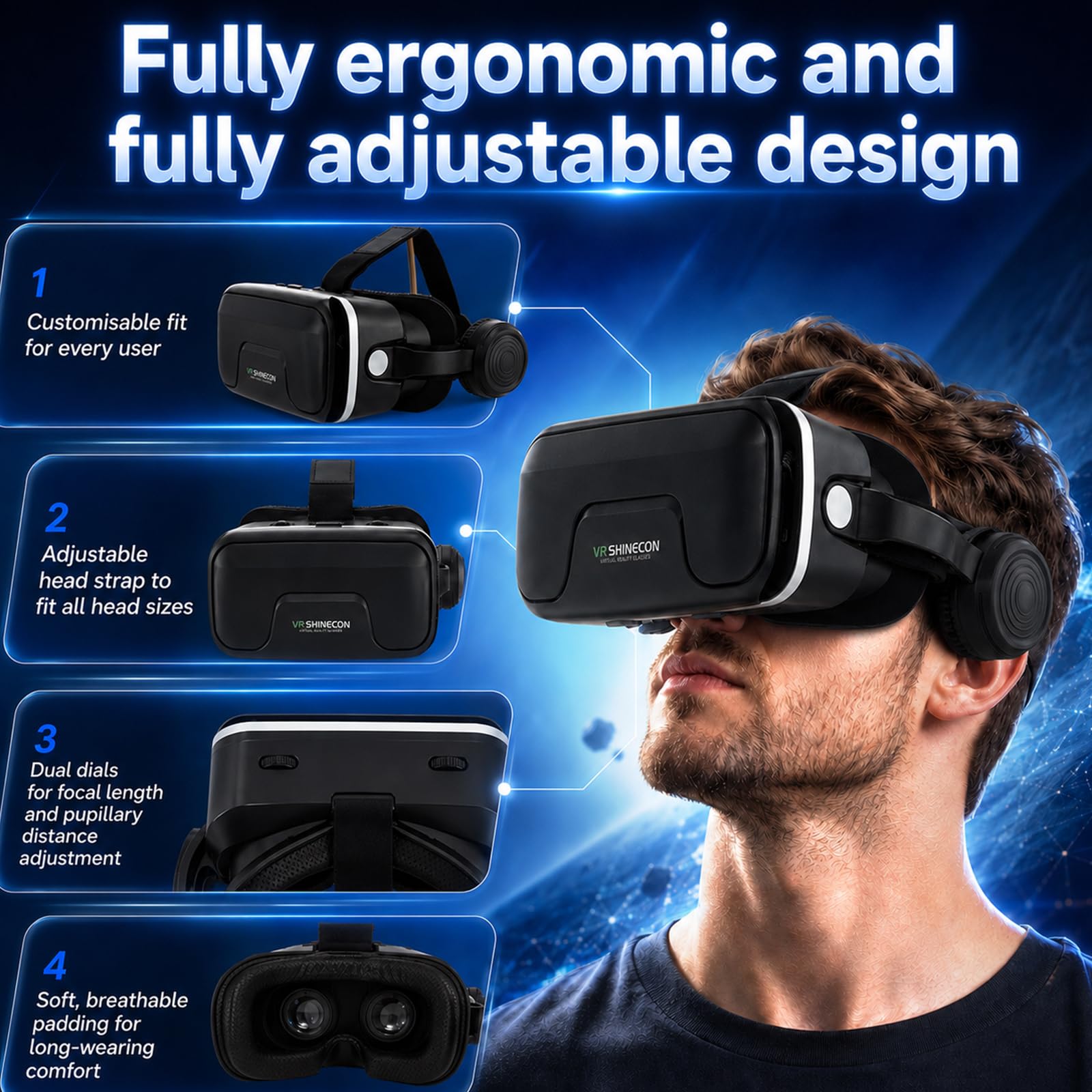 Gafas de realidad virtual 3D para teléfono móvil con auriculares, Gamepad, gafas de realidad virtual con campo de visión de 120°, protección contra la luz azul, auriculares VR distancia ocular